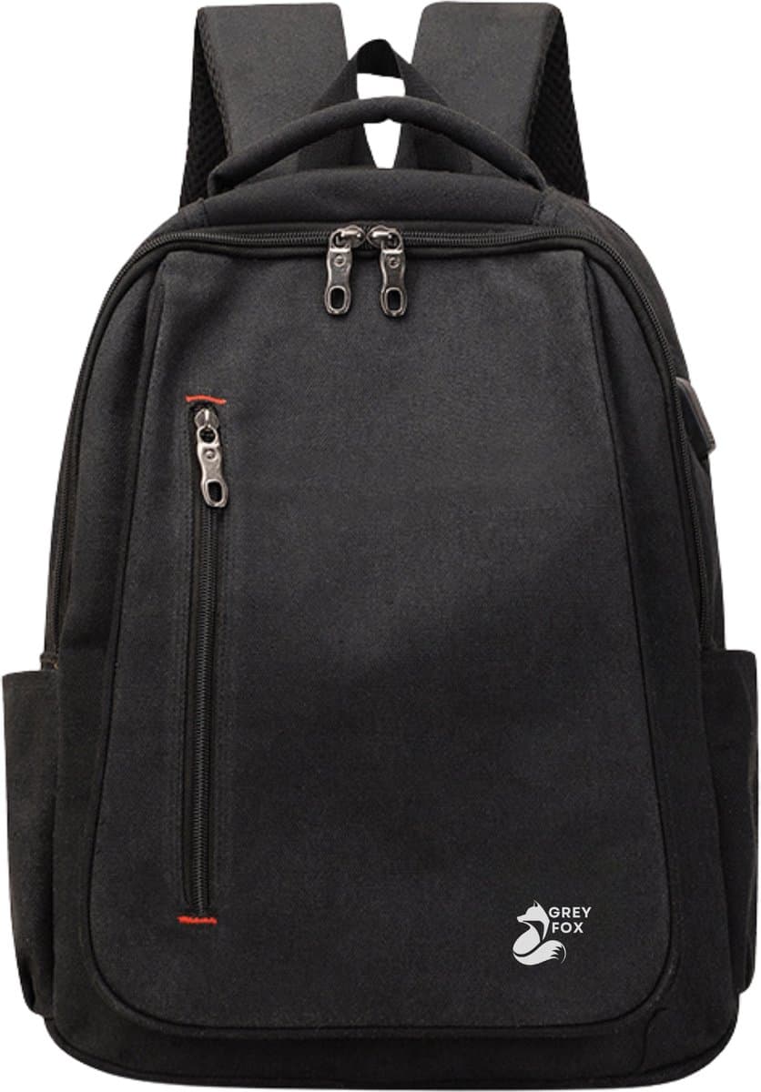 Grey Fox Canvas Laptop Rugzak met USB Oplaadpoort - 15.6 inch - Schooltas - 24L Ruime Capaciteit - Zwart
