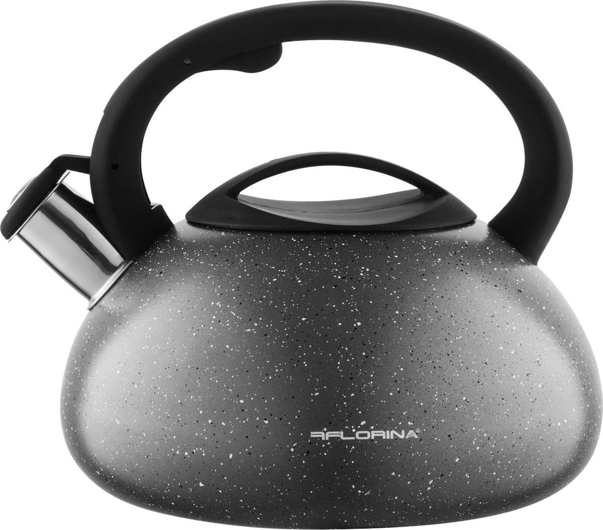 Florina Lava fluitketel RVS met steen coating 2,5L voor alle warmtebronnen - Waterketel - Waterkoker - Cool touch handvat - zwart / grijs