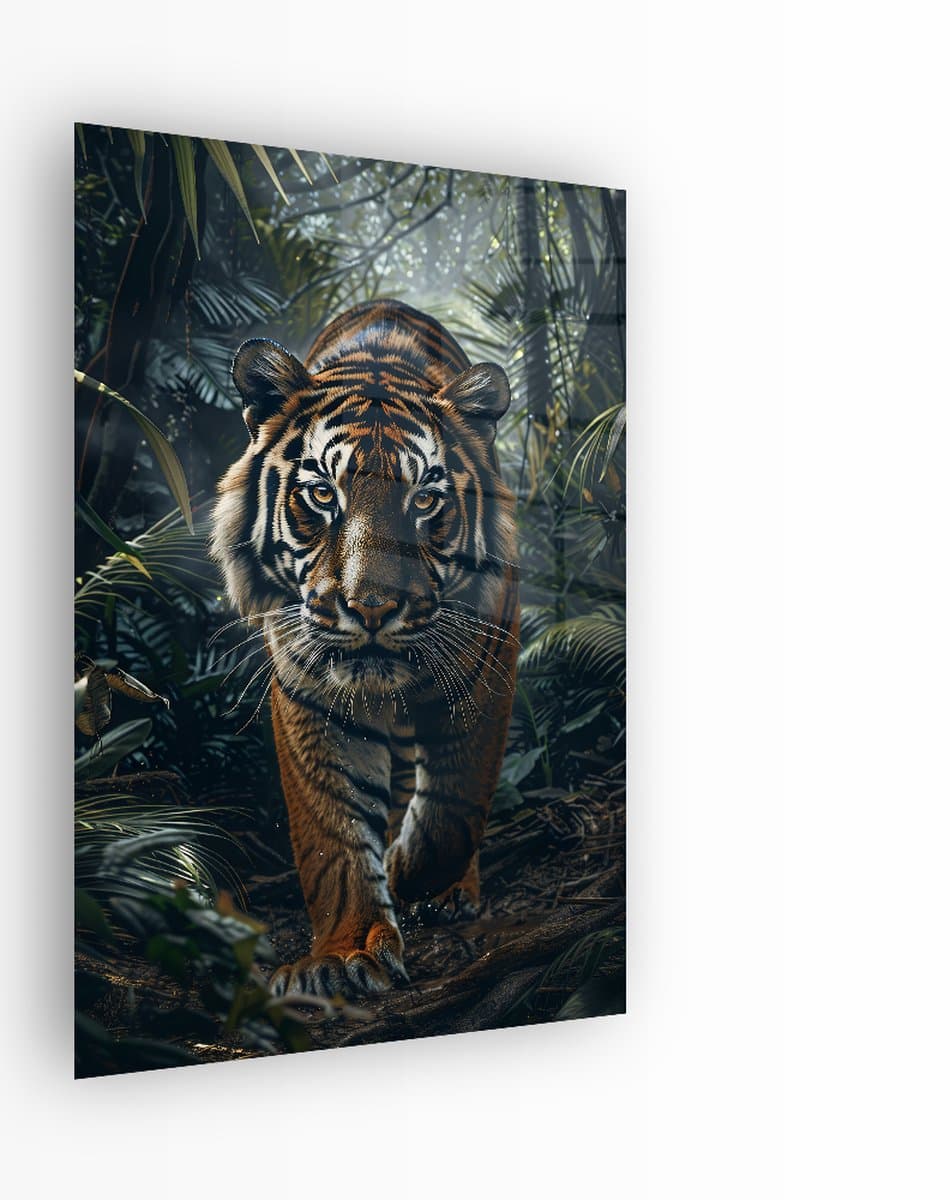 Indoorart - Glasschilderij Tijgerfocus 60x90 CM - Afbeelding op plexiglas - Inclusief montagemateriaal