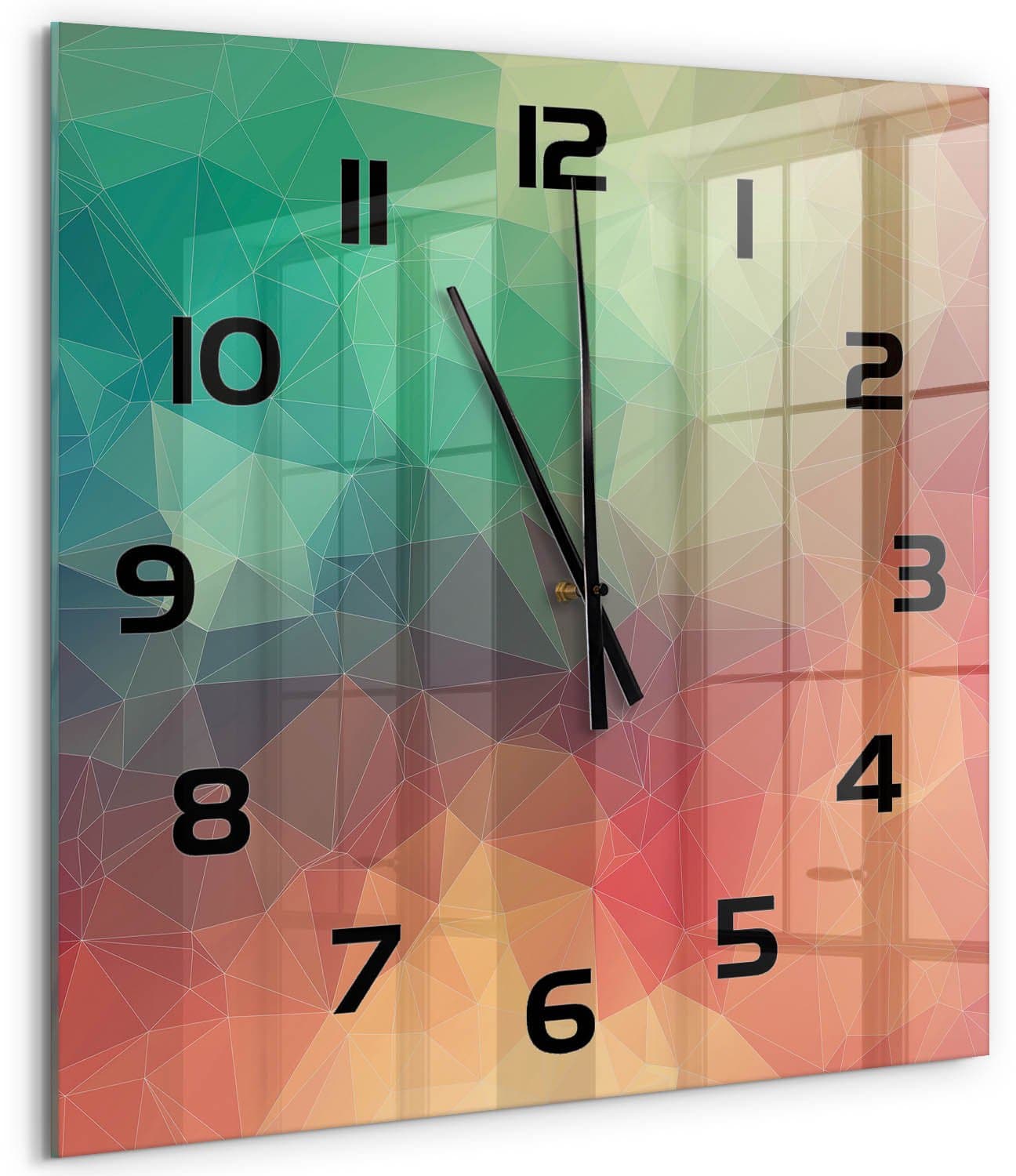 Tulup Wandklok - Geometrische achtergrond Klok Glas Met Opdruk - 60x60 cm - Veelkleurig Moderne Wandklok Glas - Zwarte handen - Vierkante Klok - Decoratieve Glazen Klok - Glazen Wandklok Design