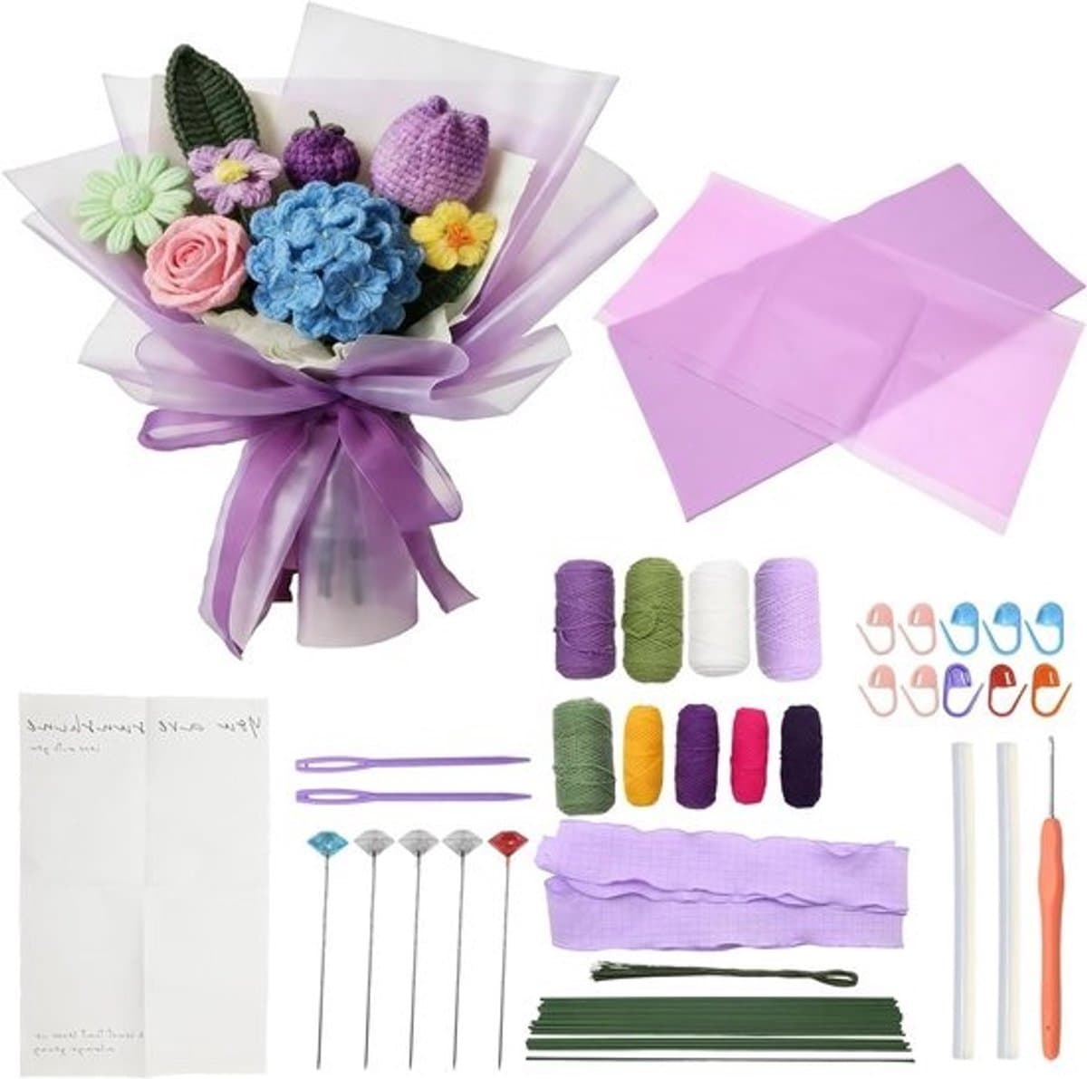 Doe-het-zelf haakcadeauset - Creatieve hobby set - Bloemen maken - Complete beginnersset - 95 onderdelen - Lila
