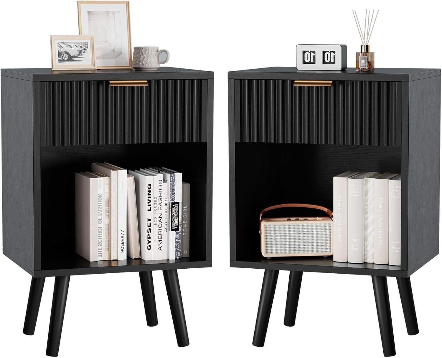 SnelShoppen - Nachtkastje Set van 2, Moderne Side Table met Opslagruimte, Lades met Ribbelpaneel, Gouden Handgreep, Stevige Houten Poten, Zwart voor S