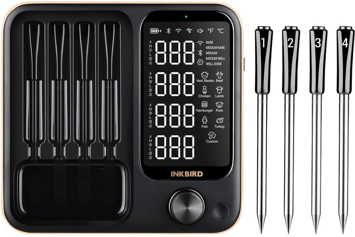 INKBIRD INT-14-BW LUXE Draadloze Vleesthermometer met 4 Sondes voor Oven, Keuken,Barbecue,WiFi Bluetooth BBQ Thermometer met APP,Waterdicht, 2025 model