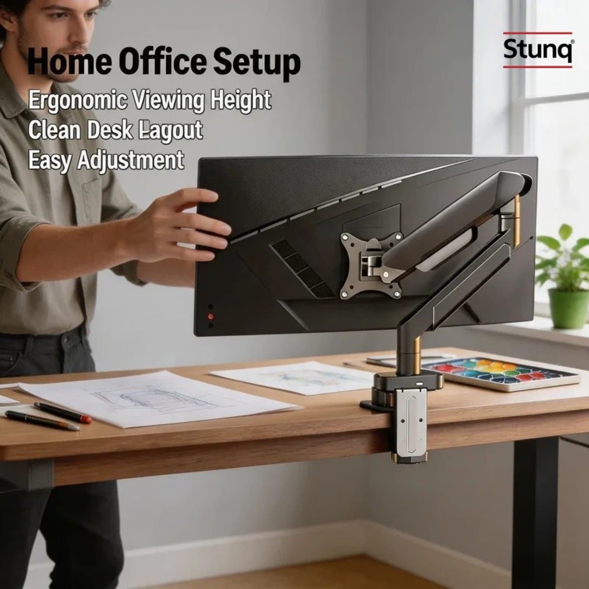 Stunq® Enkele Monitorarm tot 32 inch - Verstelbare Buretklem met Twee Scharnierende Segmenten