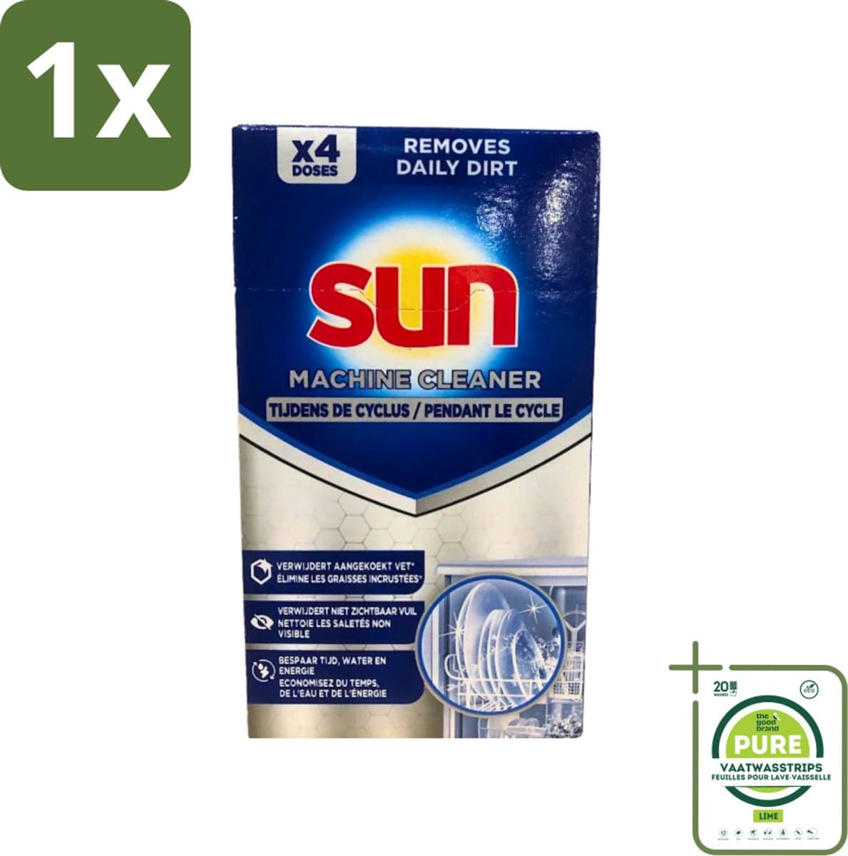 1 x Sun - Machine Cleaner - In-Wash - Vaatwasmachinereiniger - 4 Wasbeurten - Vaatwasserreiniger - Vaatwasseronderhoud - Vaatwasser Ontkalken - Vaatwasser Ontvetten - Vaatwasser Schoonmaken