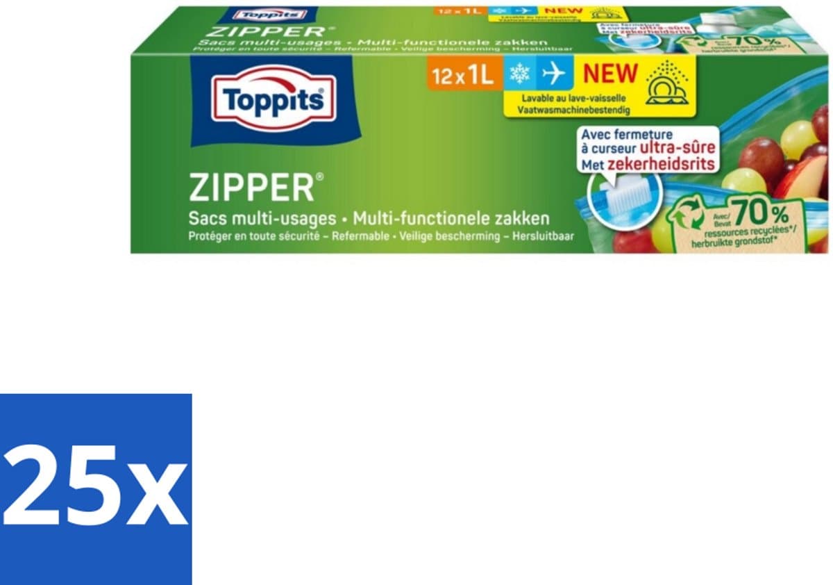 Toppits – Zipper Multifunctionele Zakken – 1 Liter – 12 Zakjes - Bulkverpakking - 25 stuks