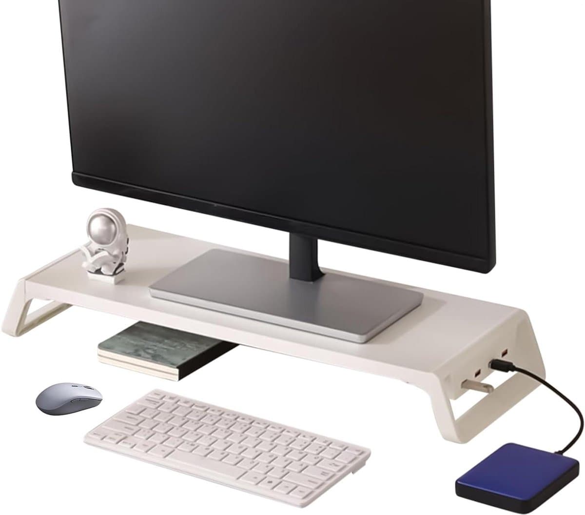 Monitor Verhoger - Bureau Organizer - Werkplek Organiseren - Met 4 USB Poorten - 50x20x7.5cm - Wit