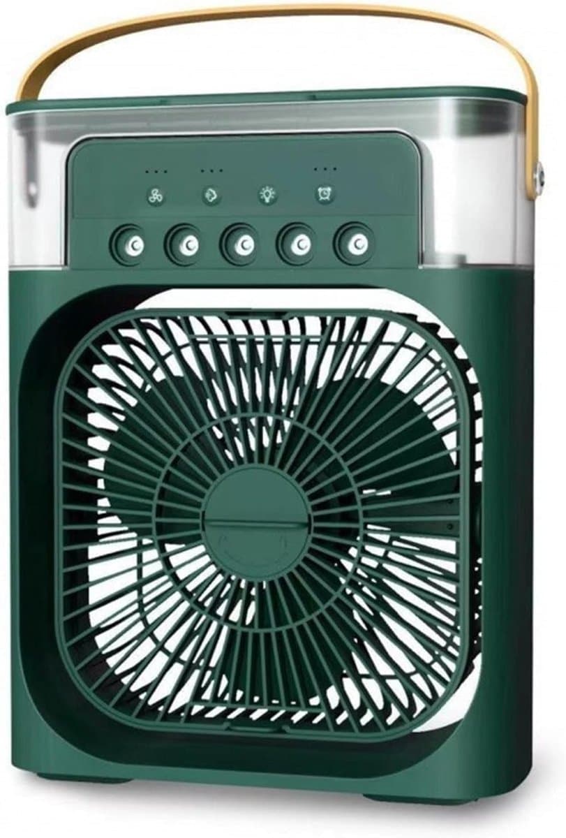 Draagbare airconditioner met ventilator, USB-voeding, luchtbevochtiger en 7 ledlampjes, compact en draagbaar, drie ventilatorsnelheden, ultrastil. Geschikt voor thuis, op reis en op kantoor. (Groen)