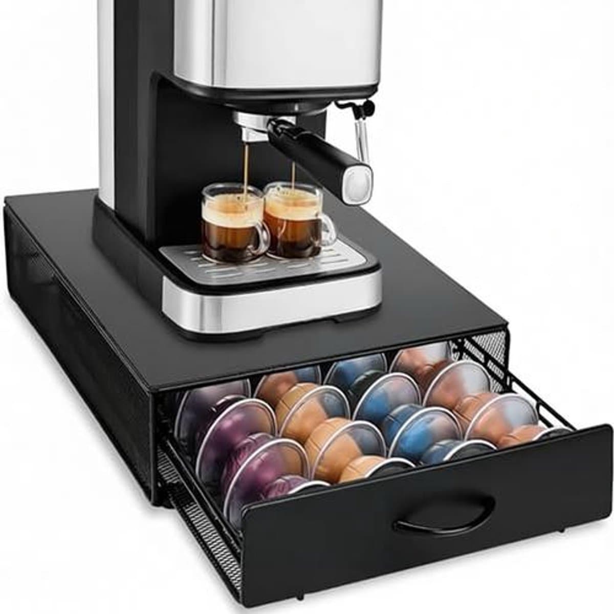 BILMU Espresso Capsulehouder met Lade – Opbergdoos voor 40 Vertuo-capsules, Zwart Metaal, Anti-slip, Ruimtebesparend