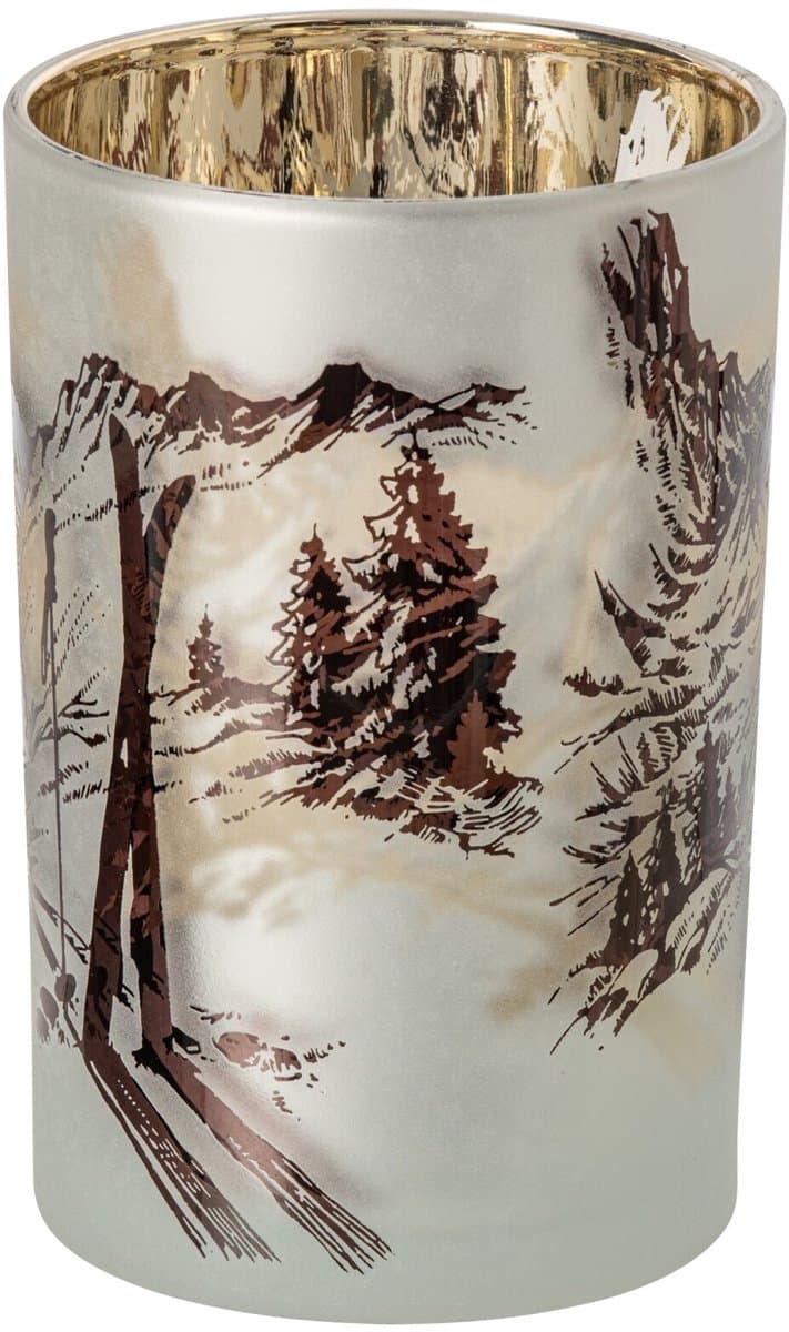 J-Line Windlicht met skiscène - glas - wit/bruin - large - set van 2