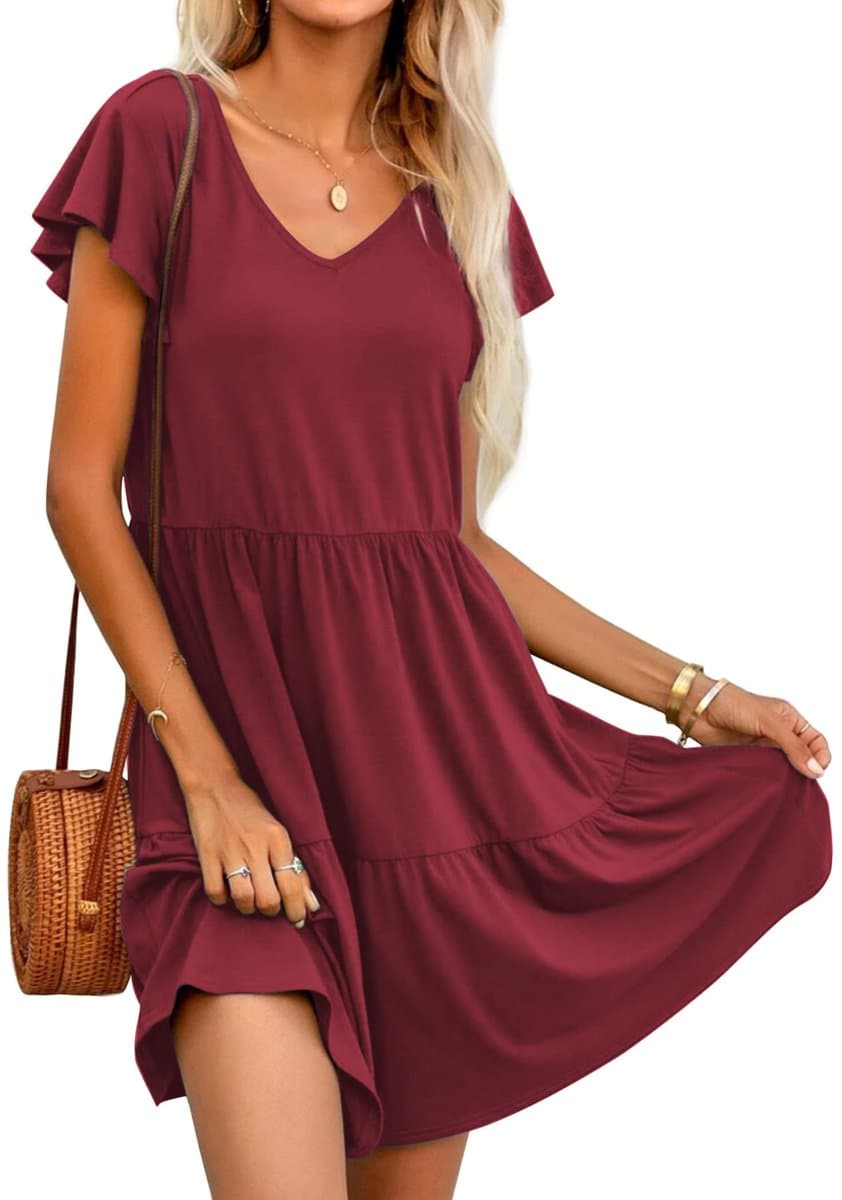 Dailygoods - Zomerjurk Dames V-hals A-lijn met Korte Mouwen - Rode Wijn S