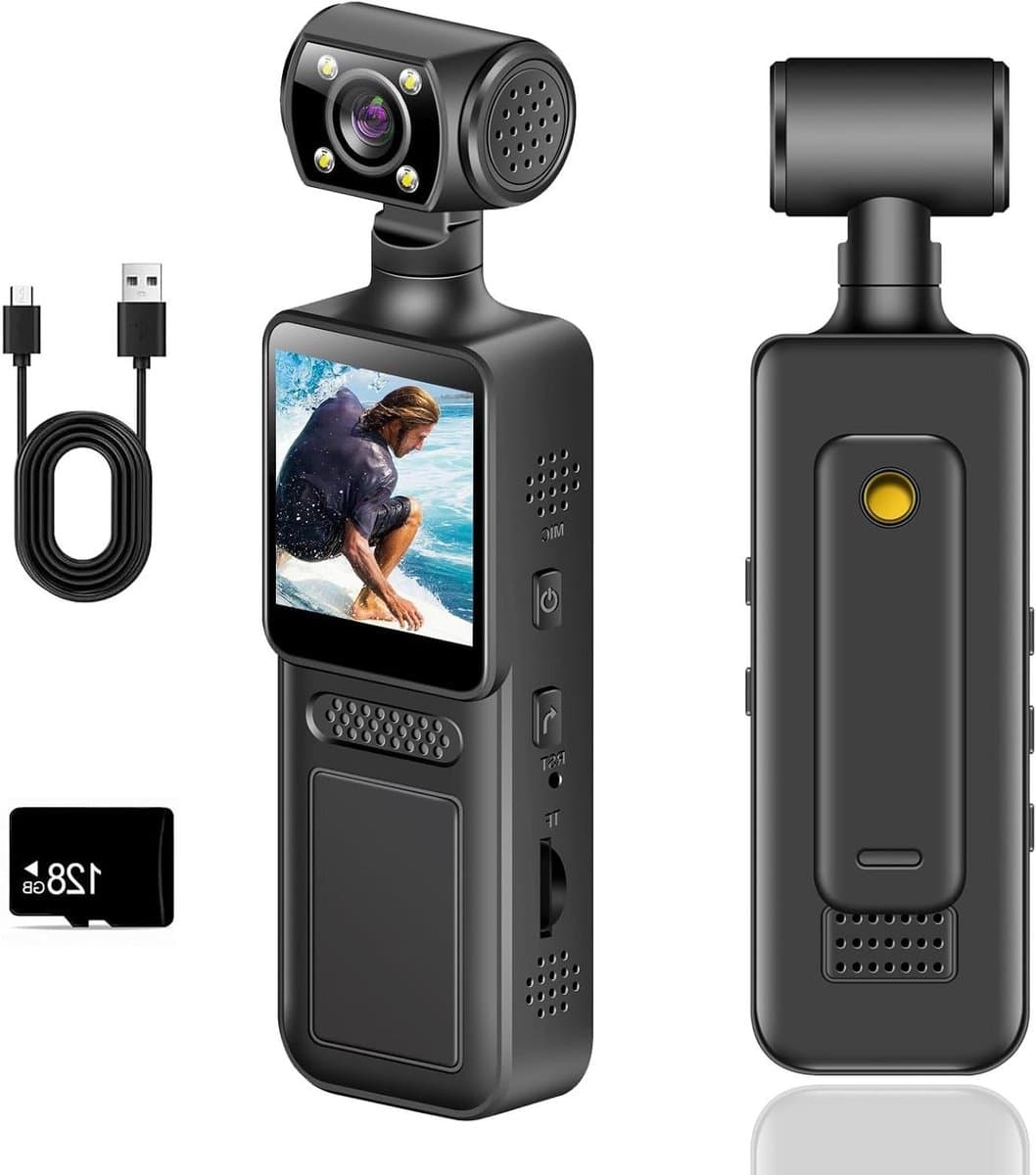 Lichaamscamera - Mini camera - Reizen documenteren - 180° draaibare lens - 128GB geheugen - Zwart