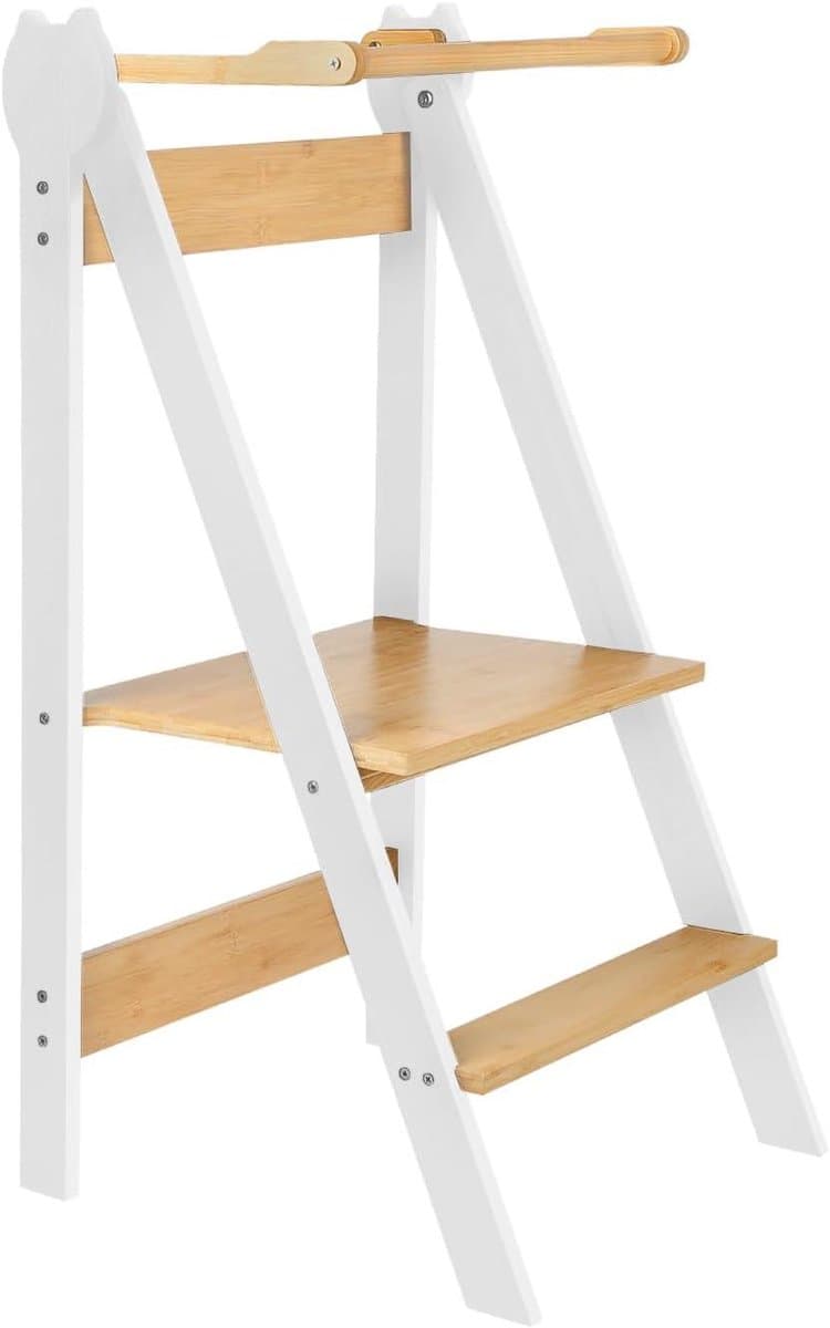 Houten Leertoren - Opvouwbaar Keukentrapje - Kinderen Zelfstandig - 3 Verstelbare Niveaus - 88 x 45 x 45 cm