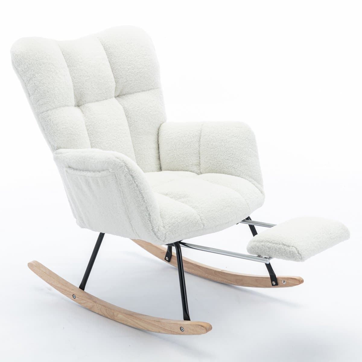 Witte Teddy Schommelstoel - Gestoffeerde Schommelstoel Met Voetensteun - Ergonomisch - Houten Poten - 110kg - Woonkamer - 80x98x98,5cm - Wit
