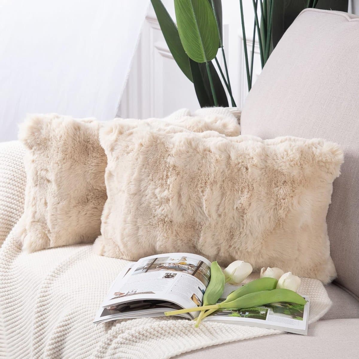 Set van 2 Dikke Pluche Faux Wol decoratieve Zachte kussenslopen decoratieve kussenhoes voor bank slaapkamer kussensloop 30x50 cm Lichte Beige