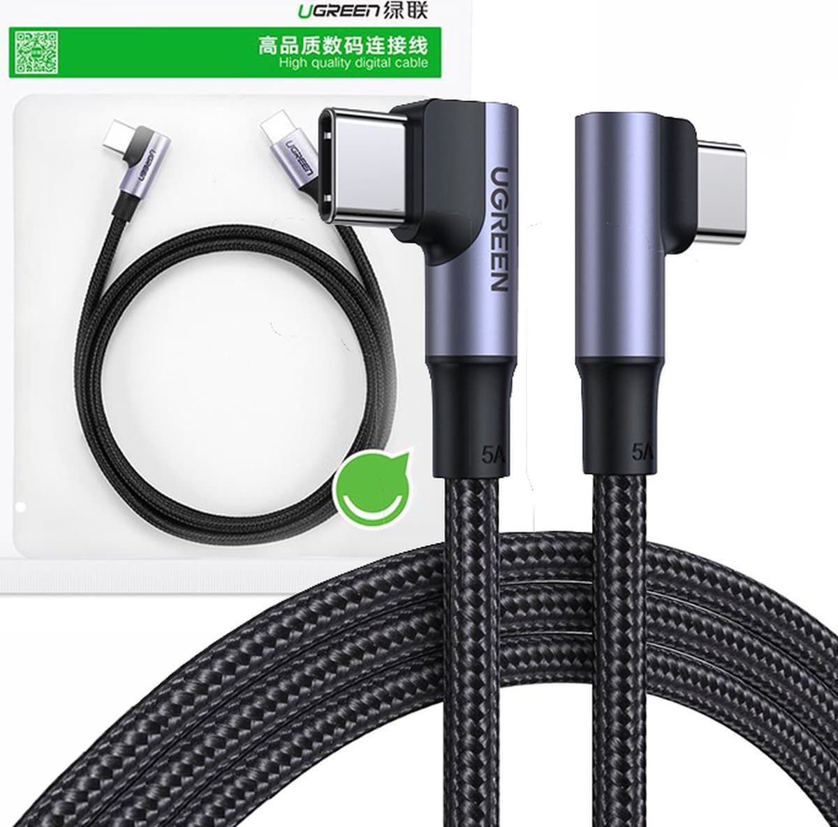 Ugreen - haaks - USB Type C - USB Type C Quick Charge Power Delivery kabel - 100 - W - 5 - A - 1 - m - zwart - (US335 - 70696)
