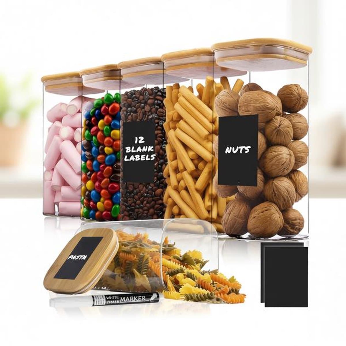 ElleMooi 6-Delige Luchtdichte Voorraadpotten Set - Glazen Opbergpotten met Bamboe Deksel - 6x1600ml - Inclusief Etiketten en Krijtpotlood - Vaatwasser- en Magnetronbestendig