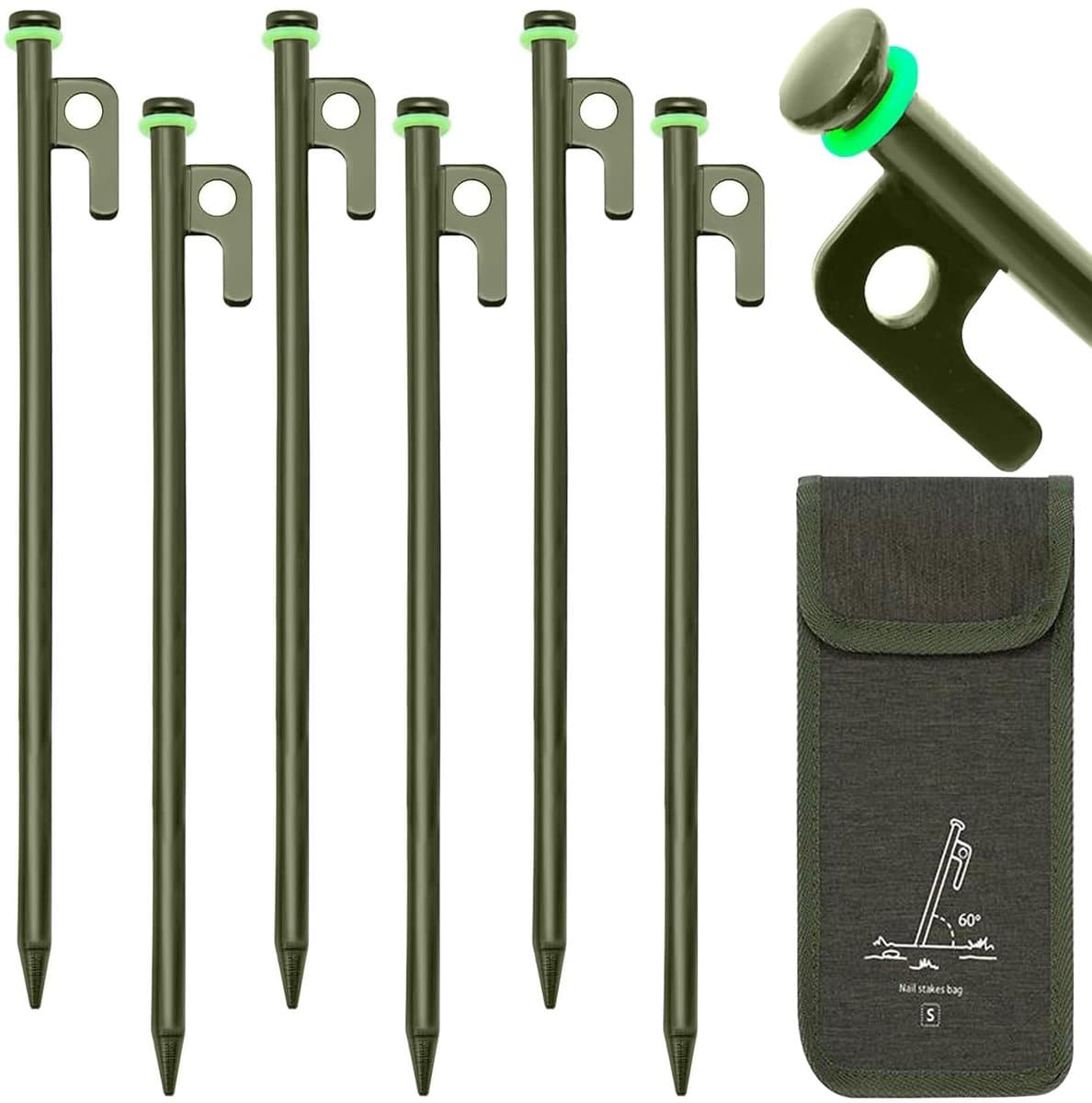 Dailygoods- Haringen 6 stuks - 20 cm - Stevig/stormbestendig - Fluorescerende ring - Voor harde vloeren - Robuust staal - Tentharingen