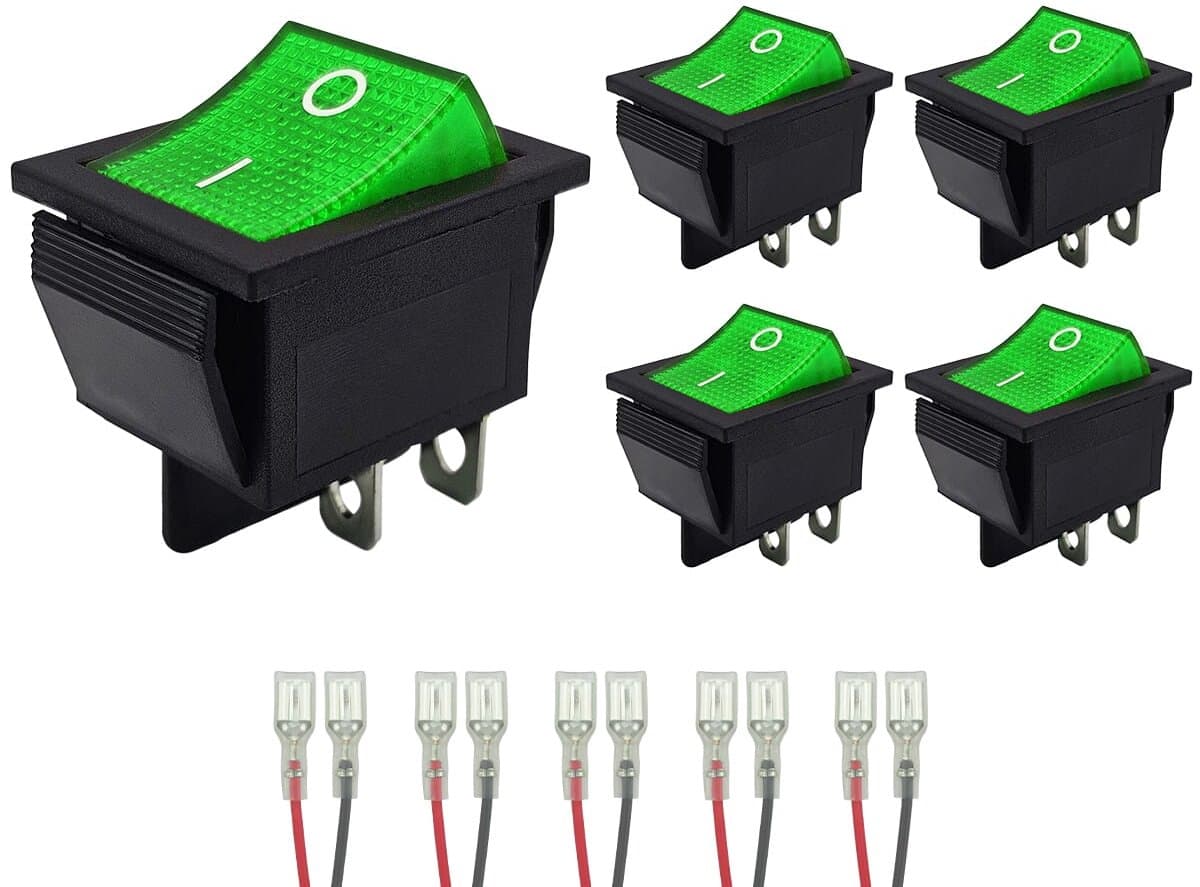 ProRide Wipschakelaar ON-OFF KCD4-202 - met Aansluitkabels - 2 Polig - 250V/16A - 30x22mm - Groen zonder lampje - 5 stuks