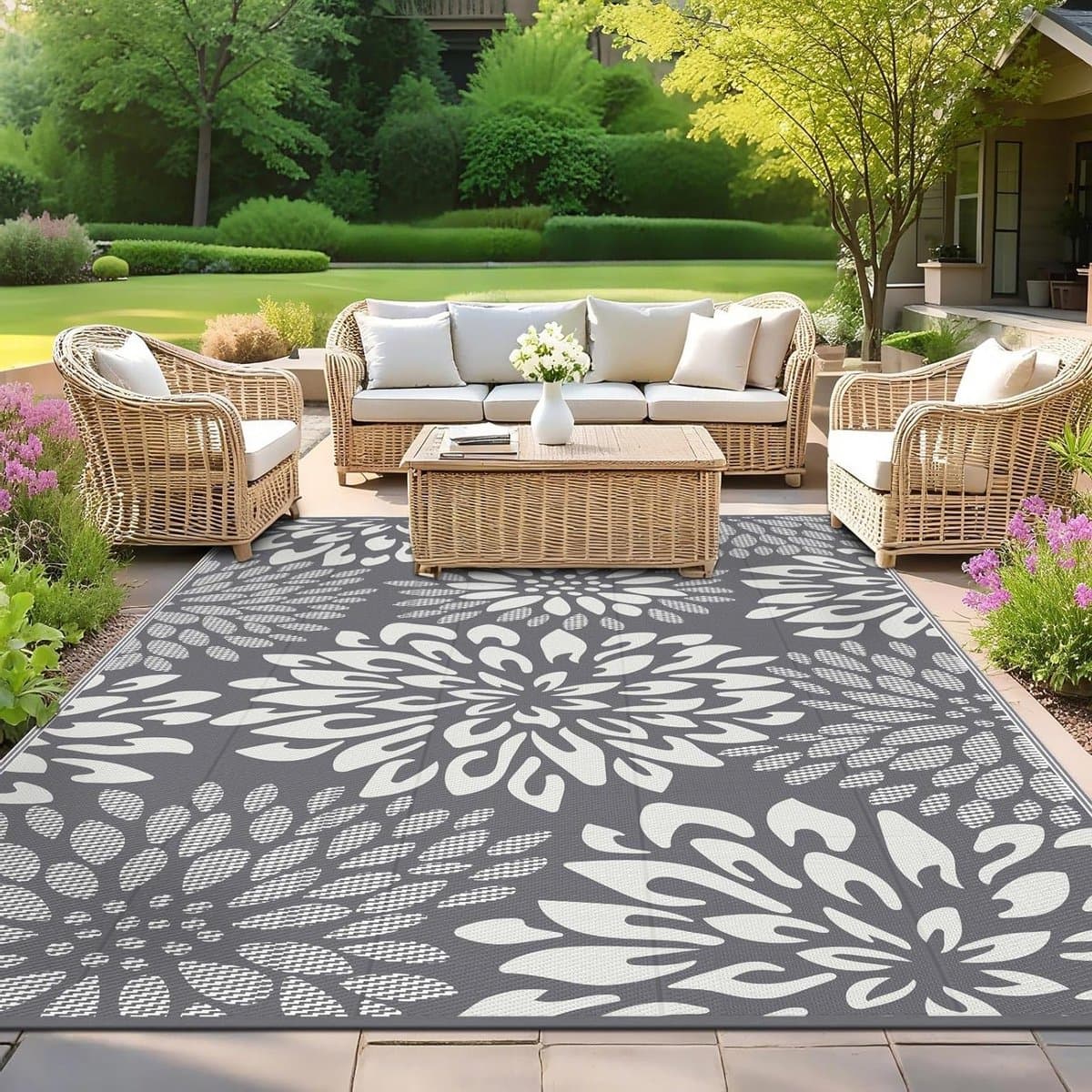 Reversible regenbestendige buitenkleed voor camping en terras, lichtgewicht en UV-bestendig, 150 x 240 cm, grijs met bladeren voor tuin en balkon