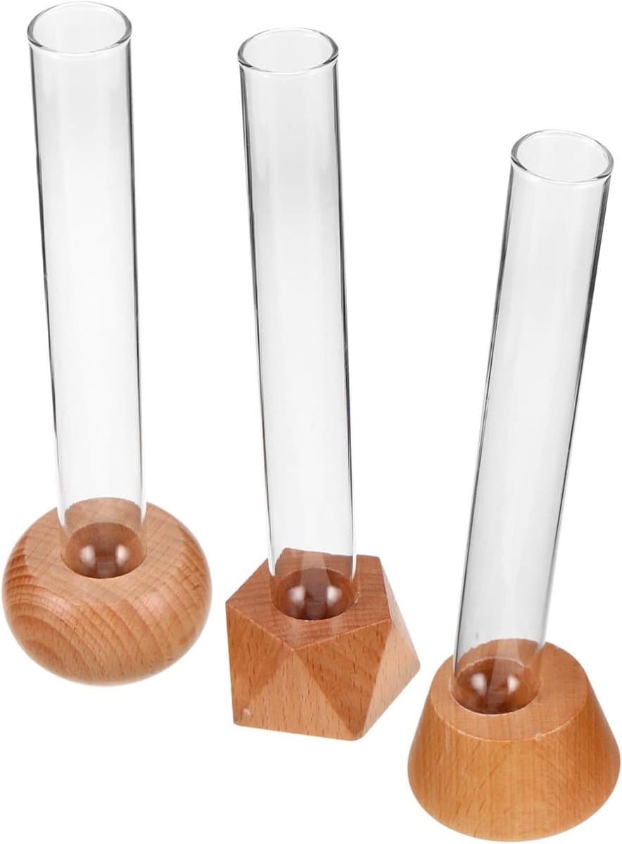Glazen Bloemvazen - Hydrocultuur Decoratie - Planten Vermeerderen - Hout en Glas - 3 Stuks - Beige