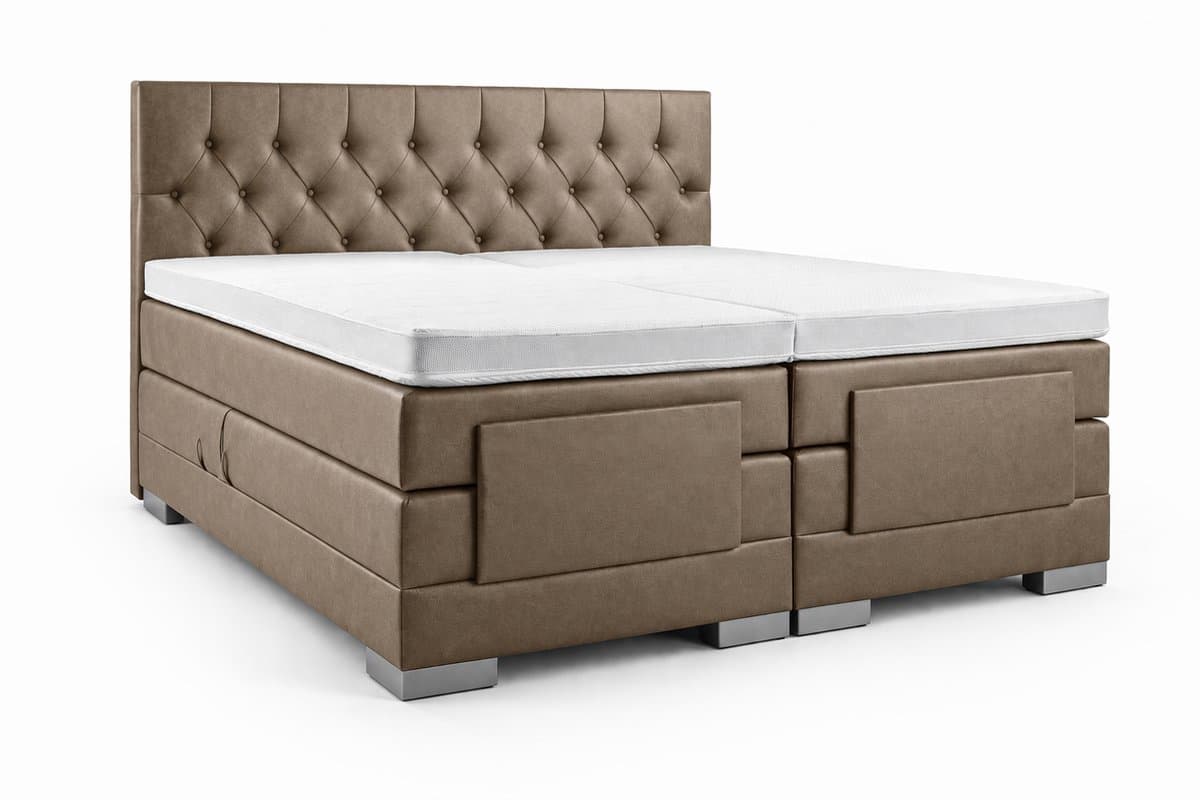 Elektrische Boxspring - 90x220 - Incl. Gecapitonneerd hoofdbord - Taupe lederlook met plint