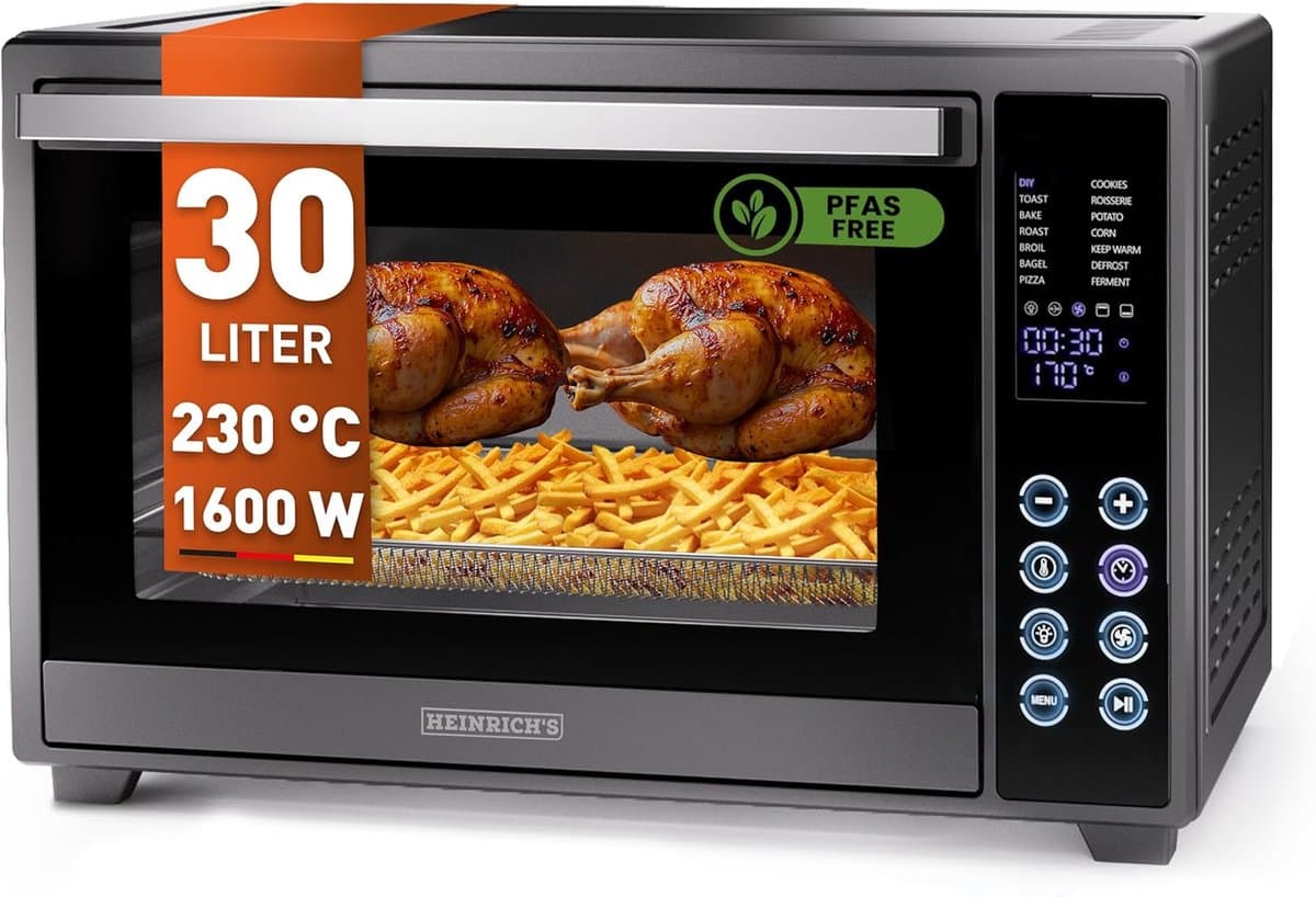 Heinrich´s HMO 8402 Mini-oven met hete lucht - 30L – met touch-bediening - kleine oven met draaispit, airfryer-inzetstuk – binnenverlichting - 1600W
