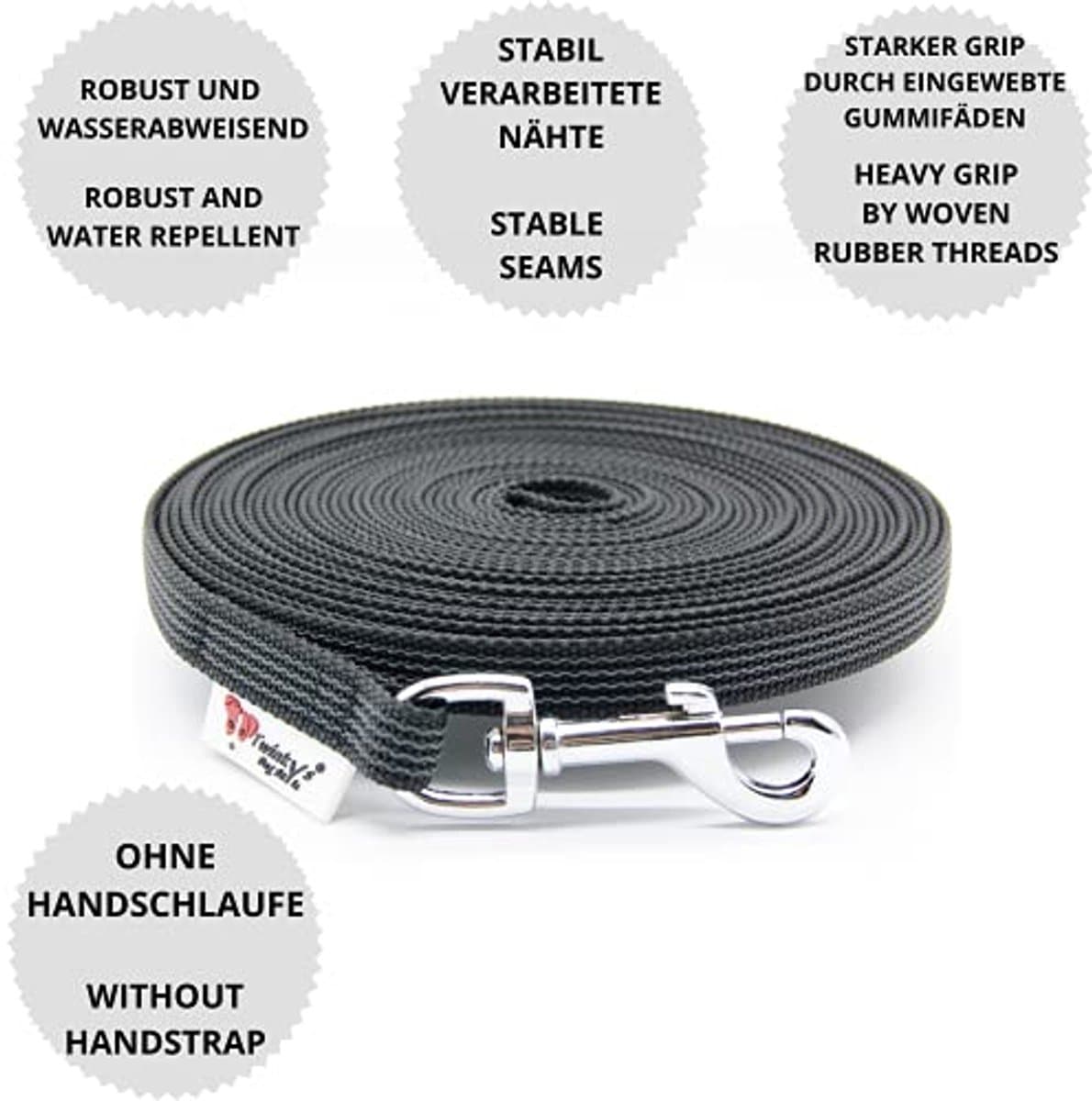 Twinkys Dog Style MADE IN GERMANY Sleeplijn Hondenriem met rubber bekleed 15 mm breed voor honden tot 50 kg - ZONDER polsband 3 meter zwart