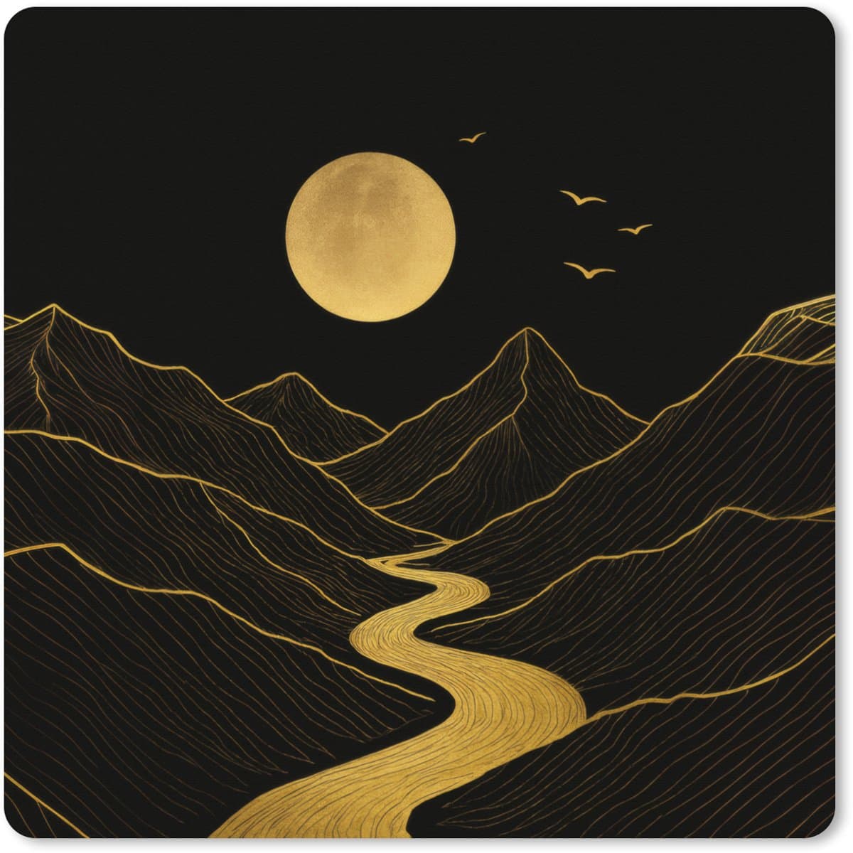 Muismat XXL 50x50 cm - Bureau onderlegger - Bureau mat Rivier - Goud - Maan - Vogels - Bureaumat - Gaming mousepad xl - Bureaulegger groot - Computer deskmat