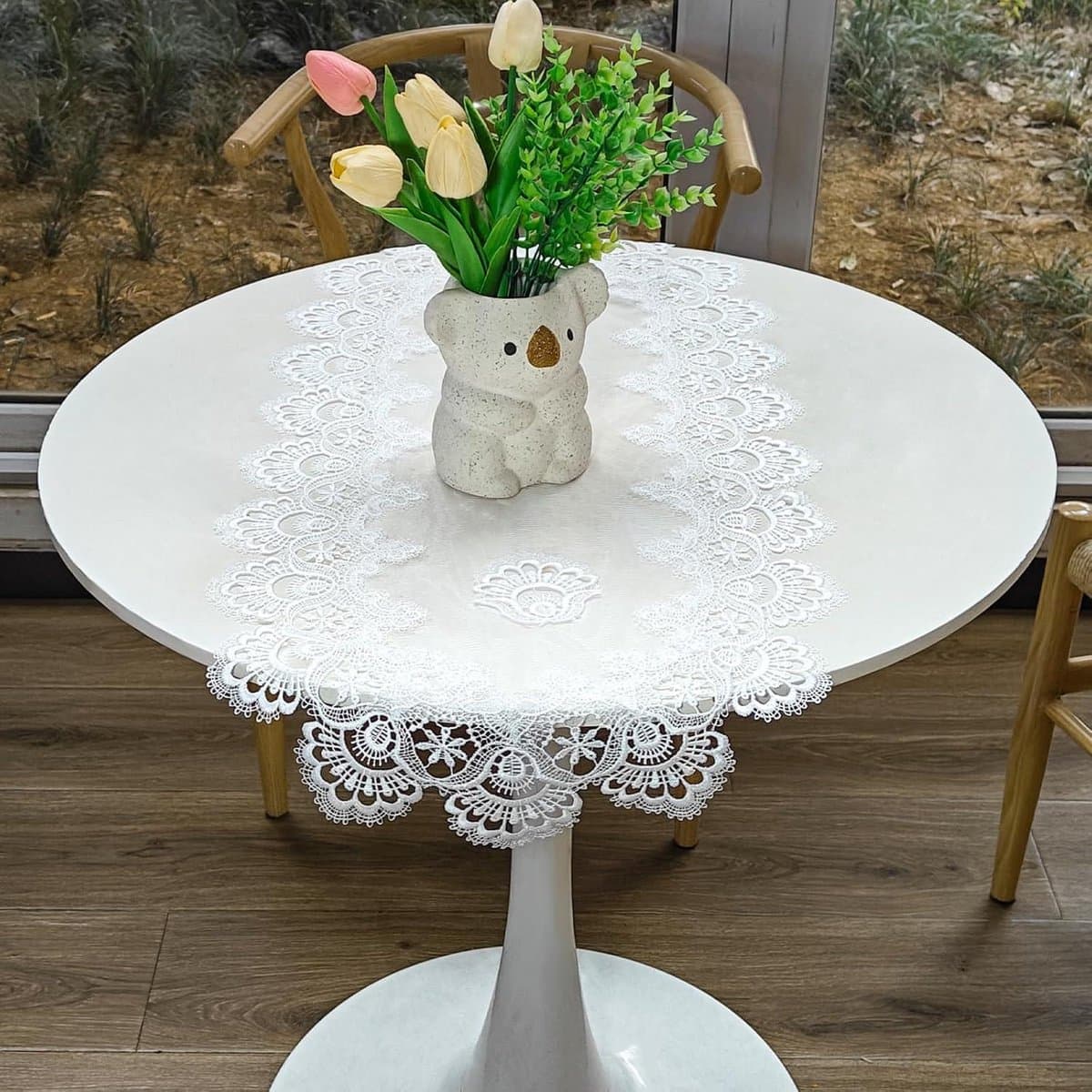 Mesh kanten tafelkleed - Elegante salontafel topper - Wit kanten rand - 40 cm x 90 cm - Wasbaar - Eetkamer keuken - Bruiloft banket - Geschikt voor diverse gelegenheden - Neutraal design
