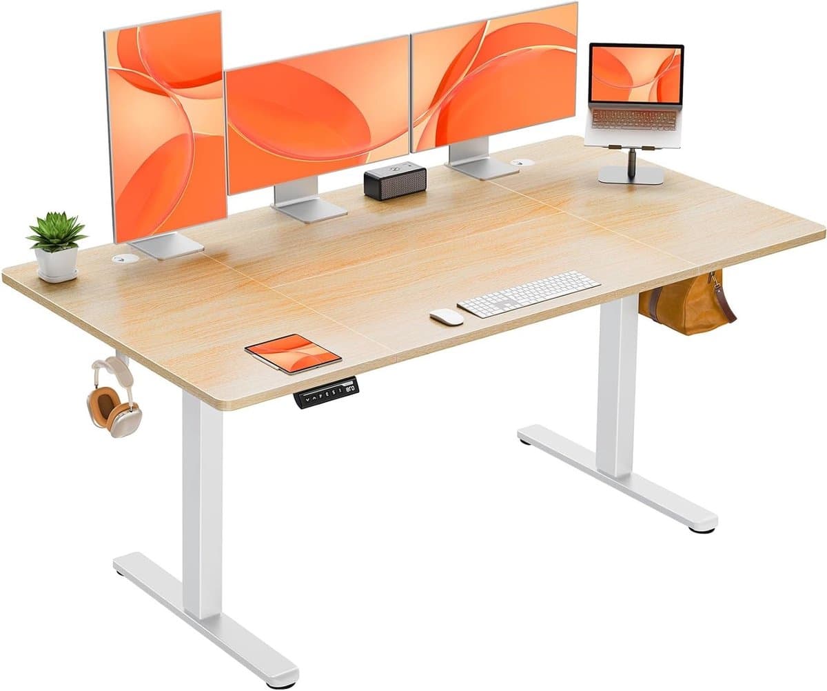 Electric Desk ProMaster XL – Elektrisch Verstelbaar Bureau 160x80 cm met 4 Geheugenfuncties, Ergonomische Gaming & Werktafel, Kabelmanagement en Hoofdtelefoon Haak, Lichte Houtkleur