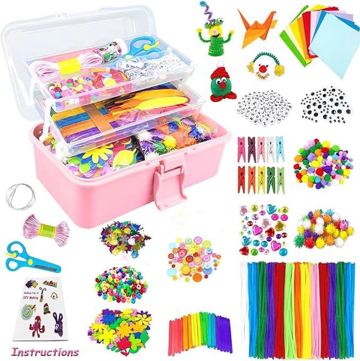 Knutselmateriaalset voor kinderen - Knutselkoffer met pompons, pijpenragers, scrapbookbenodigdheden Knutselmateriaal voor kinderen van 4 tot 10 jaar Cadeau voor jongens en meisjes - Roze