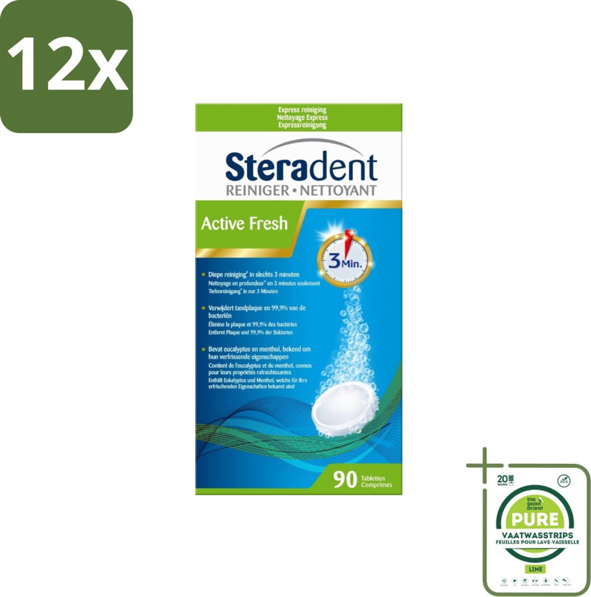 Steradent - Kunstgebitreiniger - Active Fresh - Menthol En Eucalyptus - 90 Tabletten - Voordeelverpakking - 12 stuks - Kunstgebit reiniging - Kunstgebit tabletten
