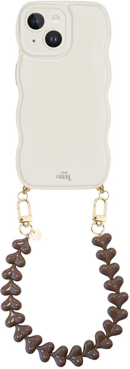 xoxo Wildhearts Glossy Wavy Cord Case Beige - Funky Hearts (Dark Brown) - geschikt voor iPhone 15 Plus - hoesje met koord - telefoonkoord met hartjes - golvend hoesje - silicone case - schokbestendig - beige / bruin