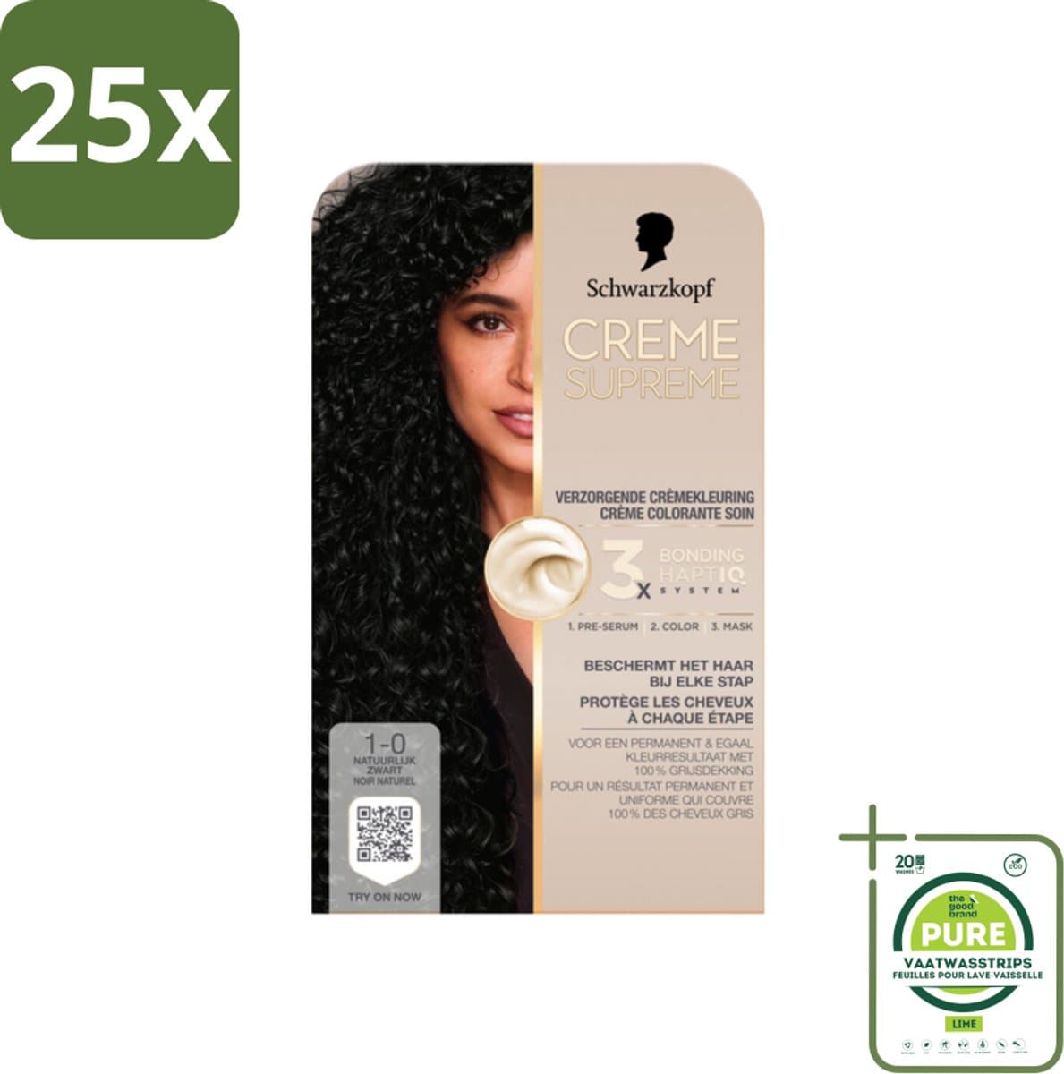 25 x Schwarzkopf - Haarkleuring - Creme Supreme 1-0 - Natuurlijk Zwart - 245g - Grootverpakking - Permanente Haarkleur - Zwart Haar - Grijsdekking - Haarkleur - Haarkleur Zwart