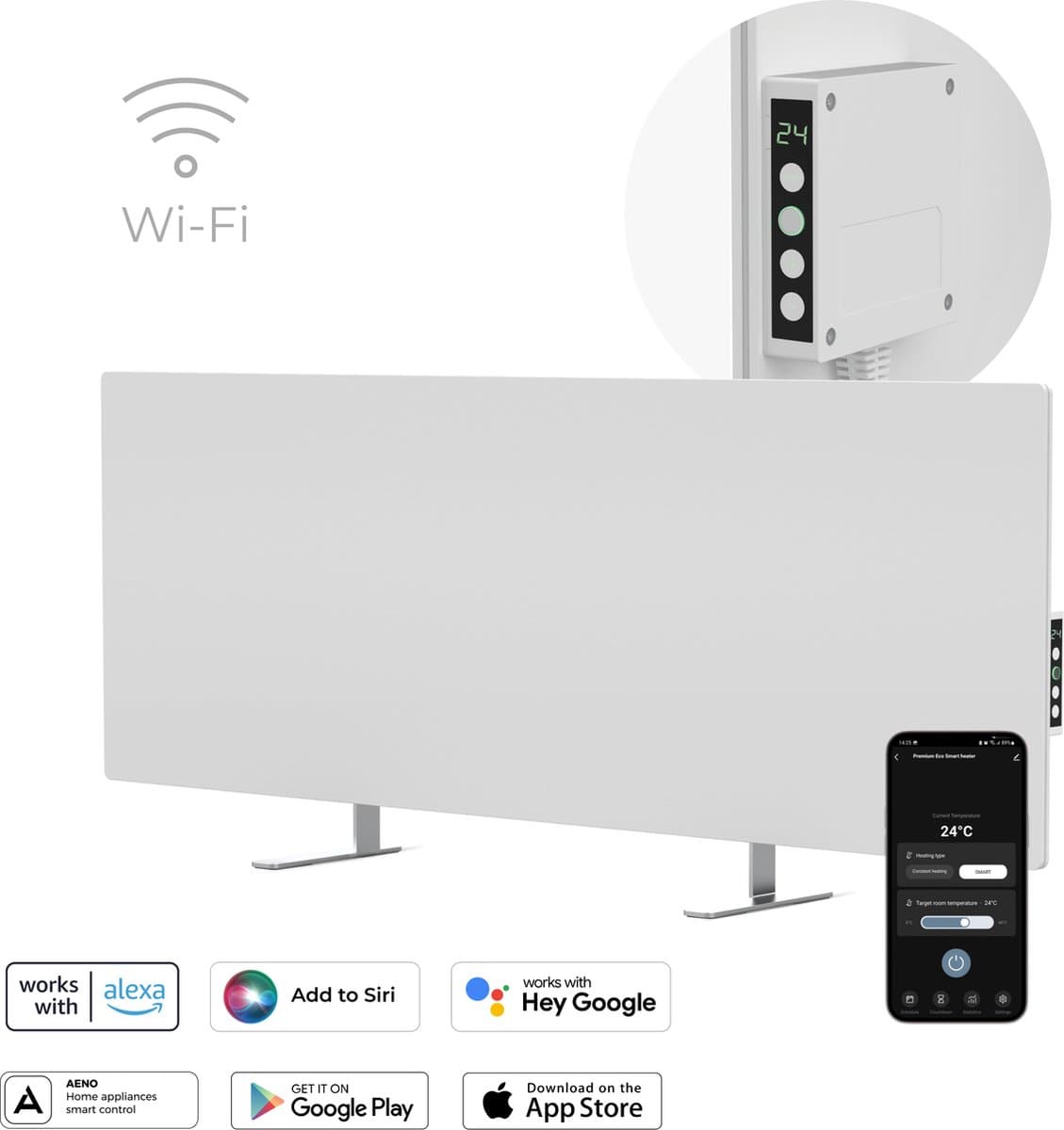 AENO GH3S slimme infrarood verwarmingspaneel - LED-scherm - Red Dot winnaar 2023 voor design en verwarmingstechnologie - Bluetooth - WIFI - 700 Watt - Elektrische kachel - Verwarmingsplaat - Infrarood + convectie - Wit