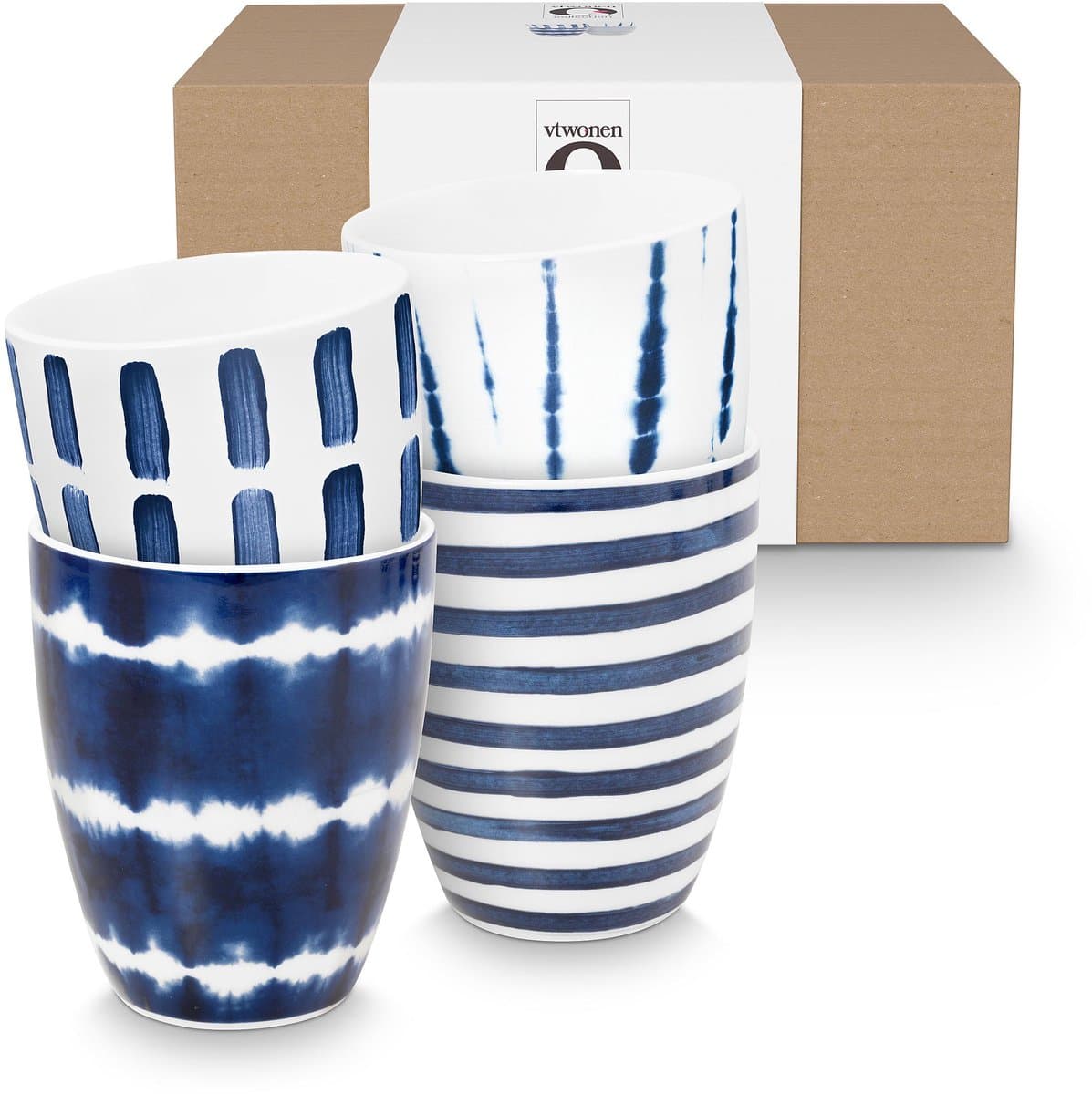 vtwonen - Mokken zonder oor - Koffiemok - Blauw, Wit - Porselein - 400ml - Set van 4