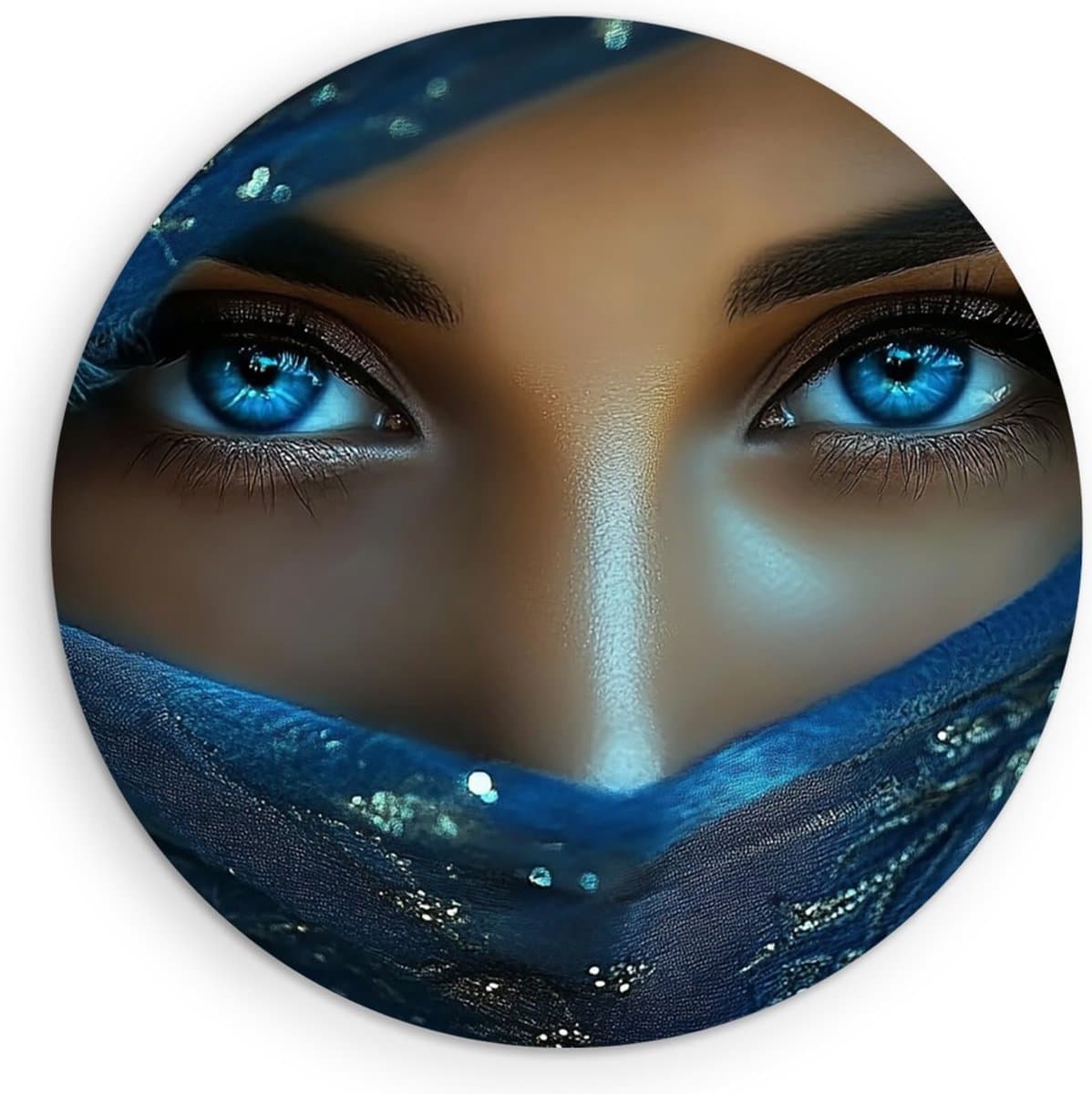Saammp - Forex Muurcirkel - Vrouw met blauwe ogen - Abstract - Ø 90 - Wandcirkel - Wanddecoratie Cirkel - Muurdecoratie Woonkamer - Slaapkamer decoratie - Rond Schilderij