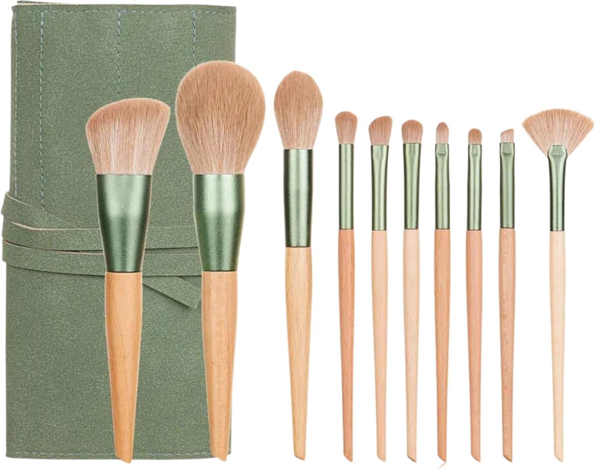 green-goose® Bamboe Make-up Kwastenset in Vegan Suede Hoes - 10-delig - Houten Make-up Borstels - Vegan Cosmetica Kwastjes