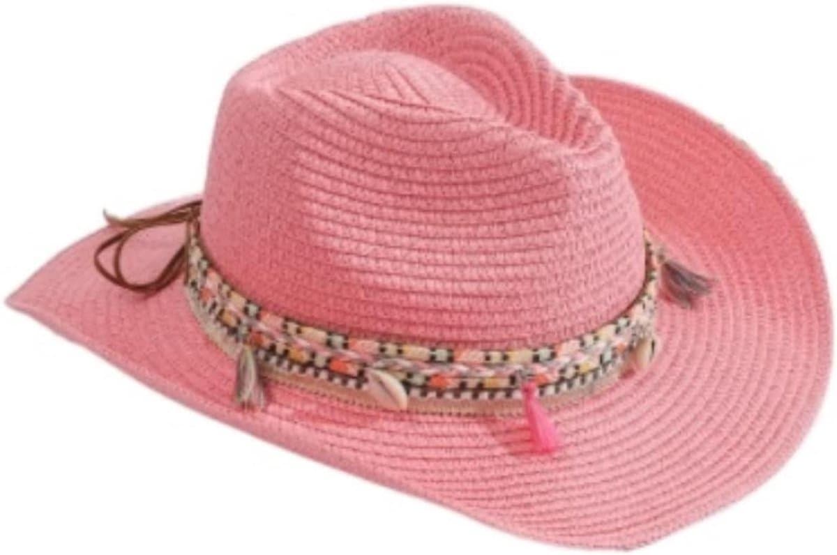 Zonnehoed Strohoed - Panama Hoed Strandhoed - Zomerse Bescherming - Opvouwbaar Lichtgewicht - 56-58cm - Roze Blauw