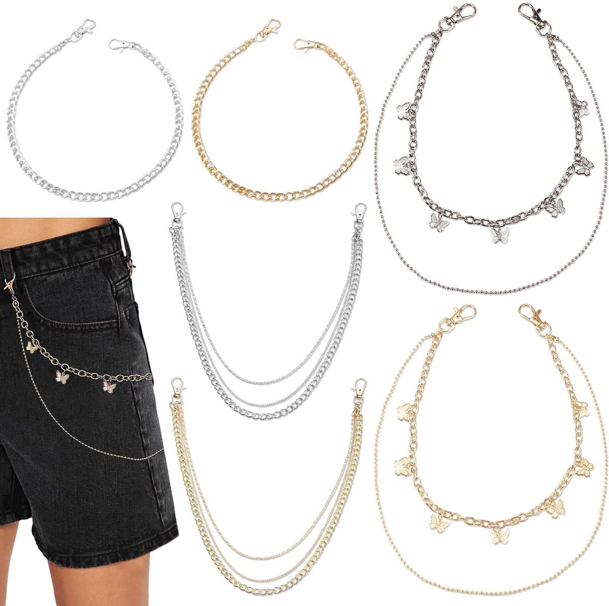 SolidKeus - Set van 6 Punk Broek Chains met Vlinder Pendant