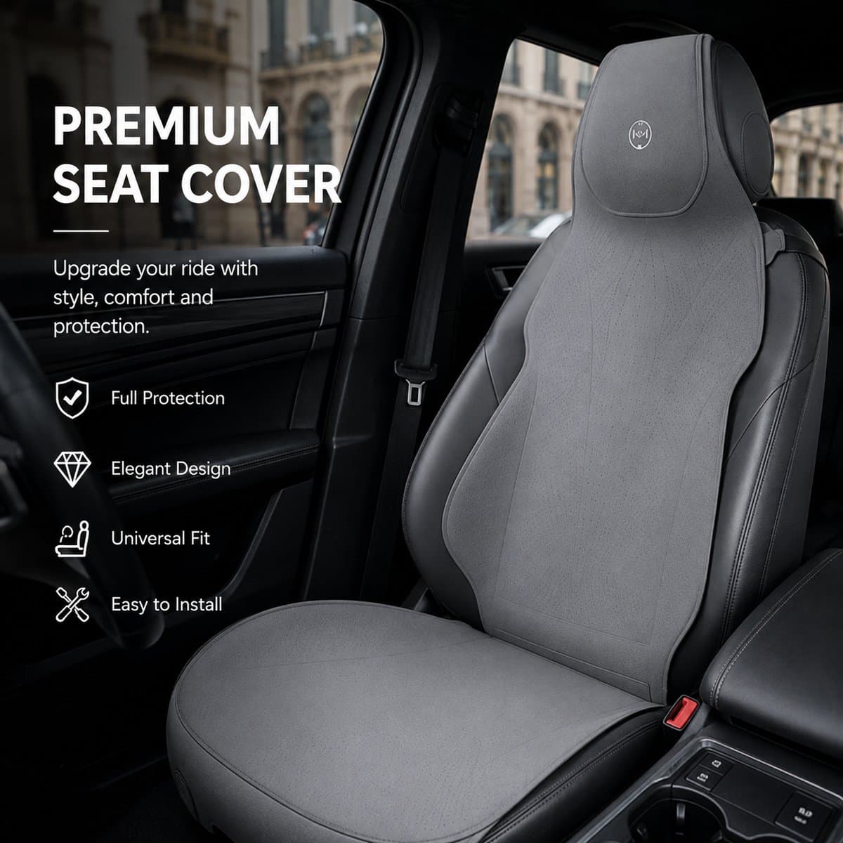 AIM Autostoelbeschermer – Luxe PU Imitatieleer Zit- en Rugkussen - Set van 2 – Jeep Cherokee KL – Airbag Compatibel - M14 - Grijs