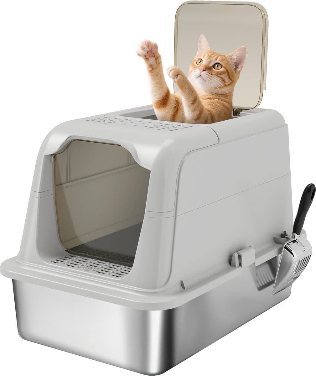 PawHut Cat Litter Box-Edelstahl, Kunststoff-60,4L x 40,4B x 41,8H cm-Hellgrau