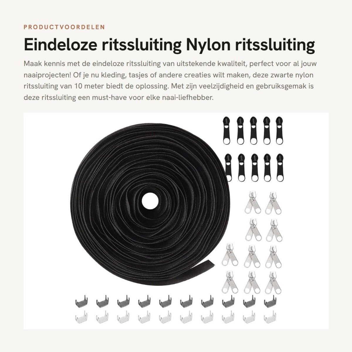 Ritssluiting Eindeloos 10 m - Nylon Rits - 20 Schuivers - 4 mm Tanden - Geschikt voor Tas/Kleding - Zwart - Naaigaren