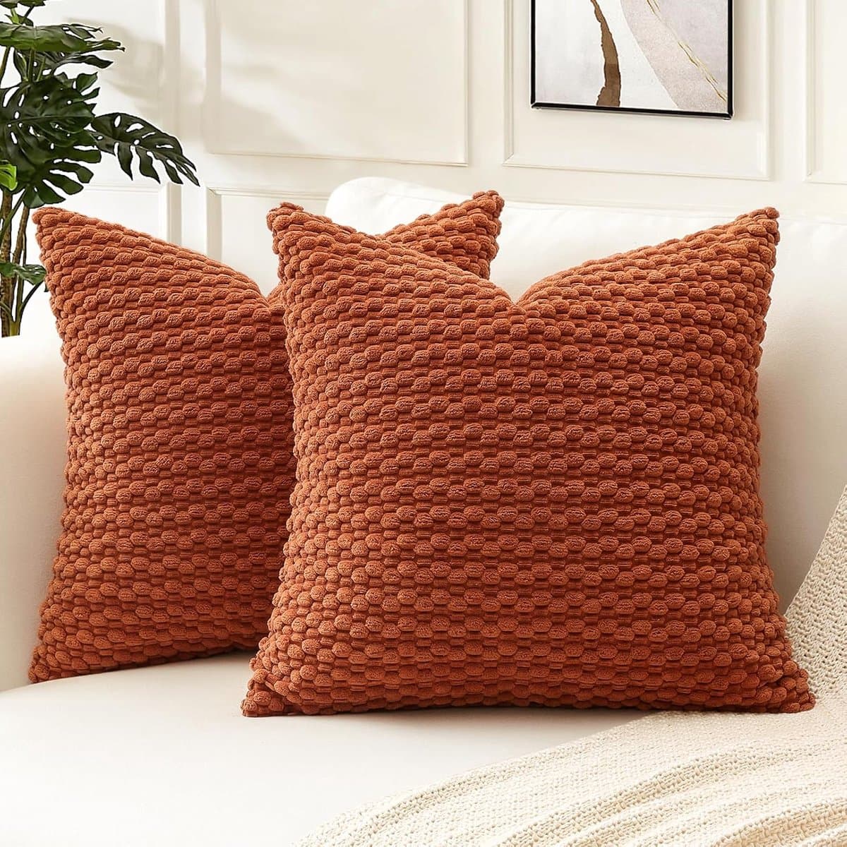 Pom Poms Decoratieve corduroy kussensloop 50x50 cm superzachte boho gestreepte vierkante kussenhoes geometrisch voor bank, zetel, slaapkamer, auto, decoratie, set van 2, roest