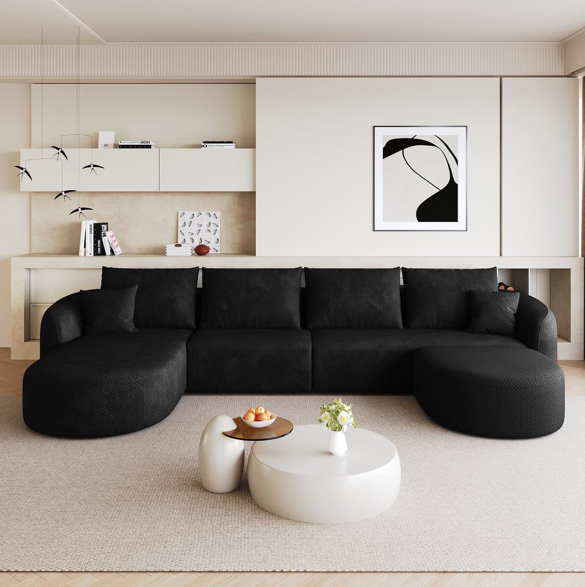 FloraGrace U-Bank 336 Cm - Modulair 6-Zits Sofa Zonder Montage - Voor Woonkamer Slaapkamer Of Appartement - Stof - Zwart
