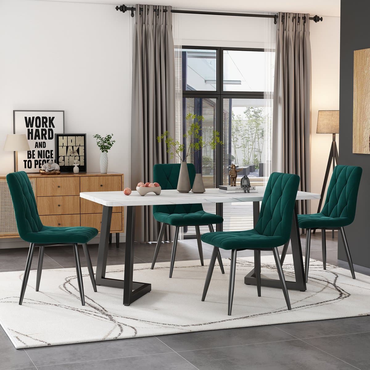 Eettafel Set 5 Delig - Moderne Tafel Met 4 Velvet Stoelen Groen Marmerlook Zwart Frame