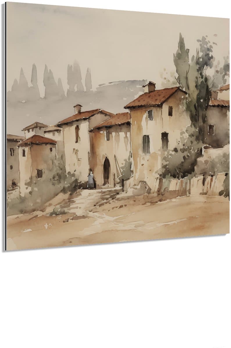 Rustiek italiaans dorpje beige - Schilderij 70x70 cm - Wanddecoratie op Aluminium Dibond - Aluminium Wandpaneel