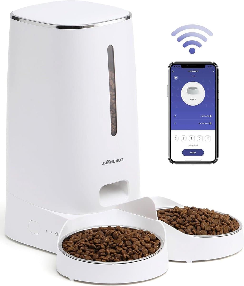 Automatische voederbak - Huisdier voerdispenser - Huisdieren voeren - Wifi bediening dubbele kom - 4 Liter - Wit