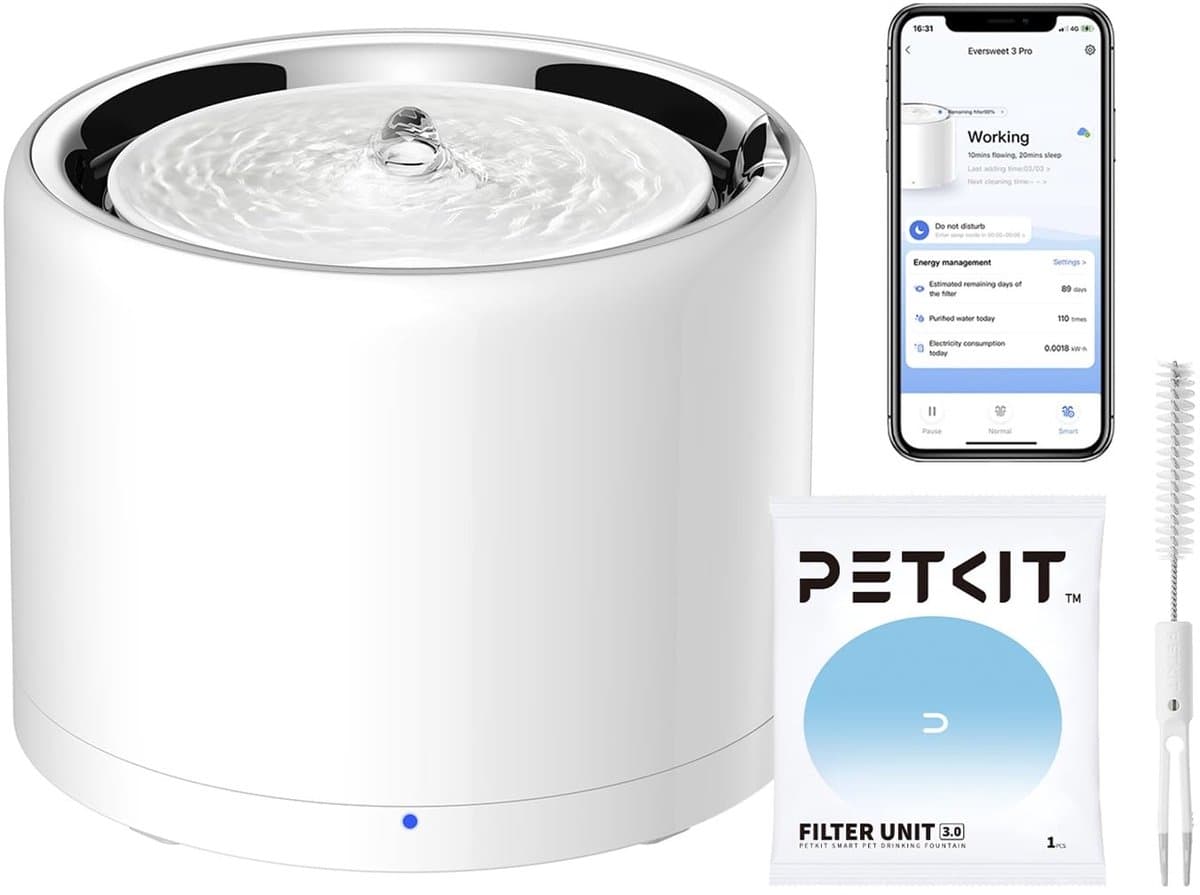 Drinkfontein Hond en Kat 1,8L, RVS Drinkbak met Stille Draadloze Pomp, Automatische Waterdispenser met Filtersysteem en Nachtmodus